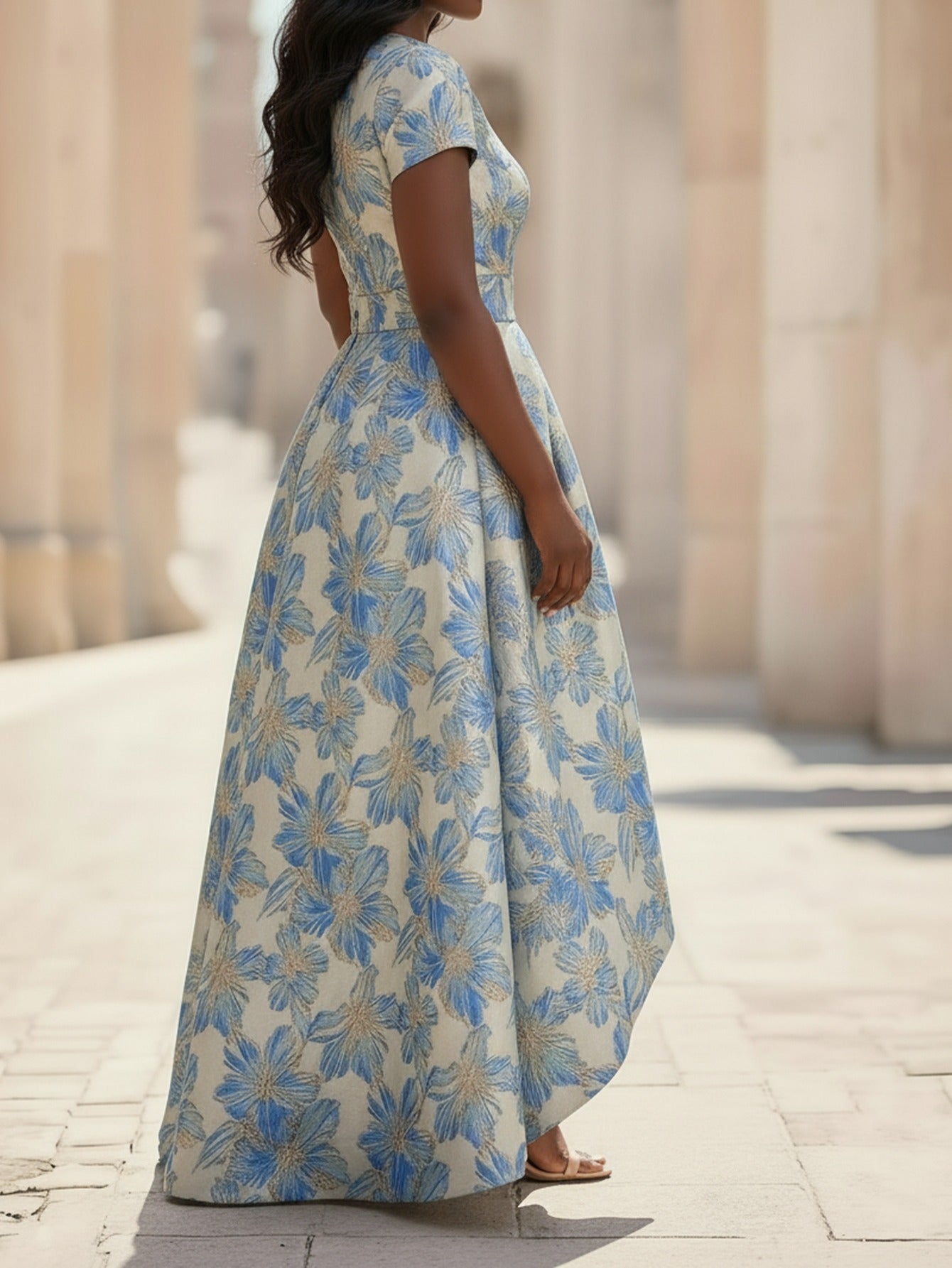 Robe élégante et cintrée à la taille pour femme, coupe ajustée, manches courtes et col rond
