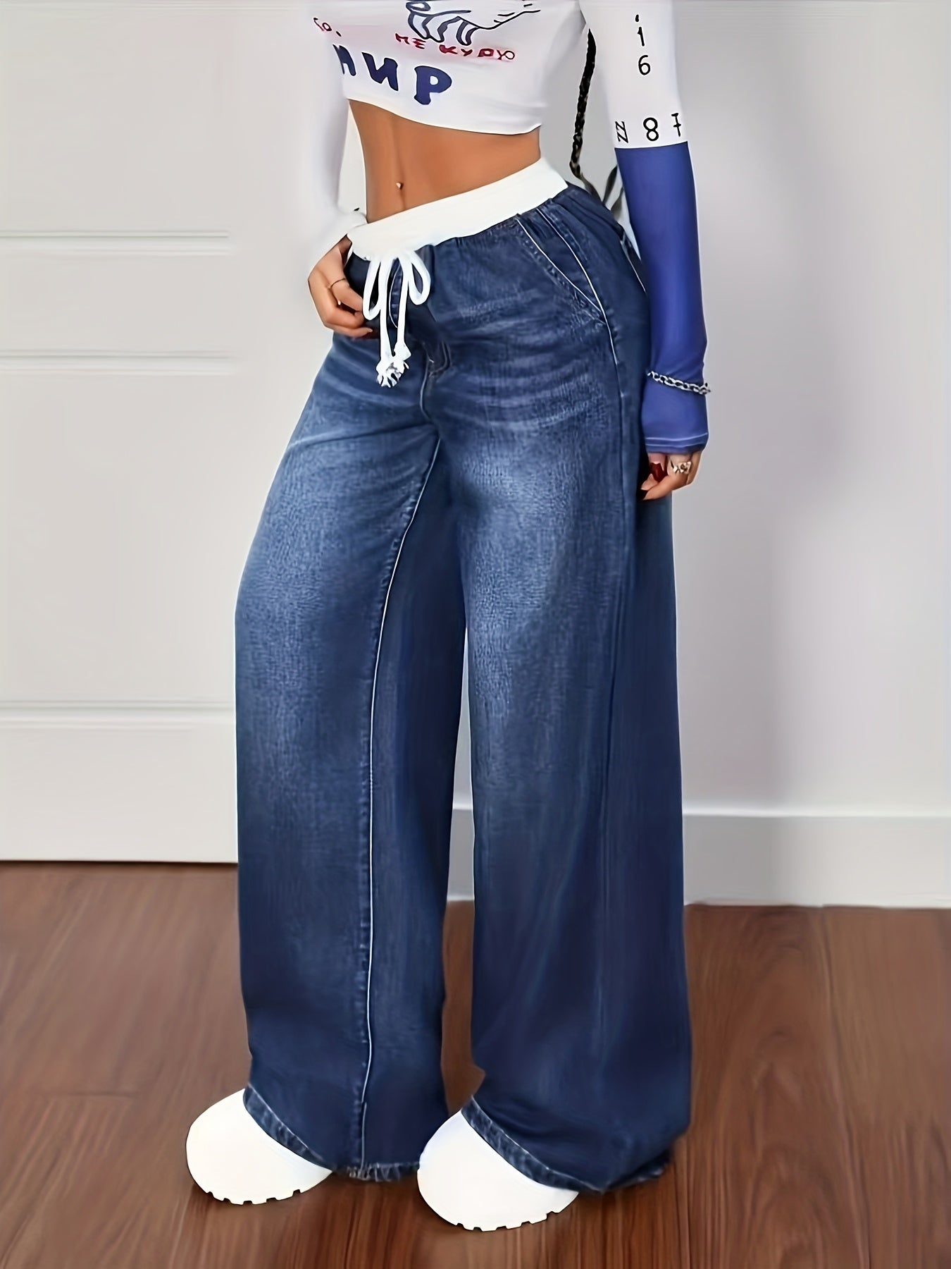 Pantalon Jean ample pour femmes, taille élastique avec cordon de serrage