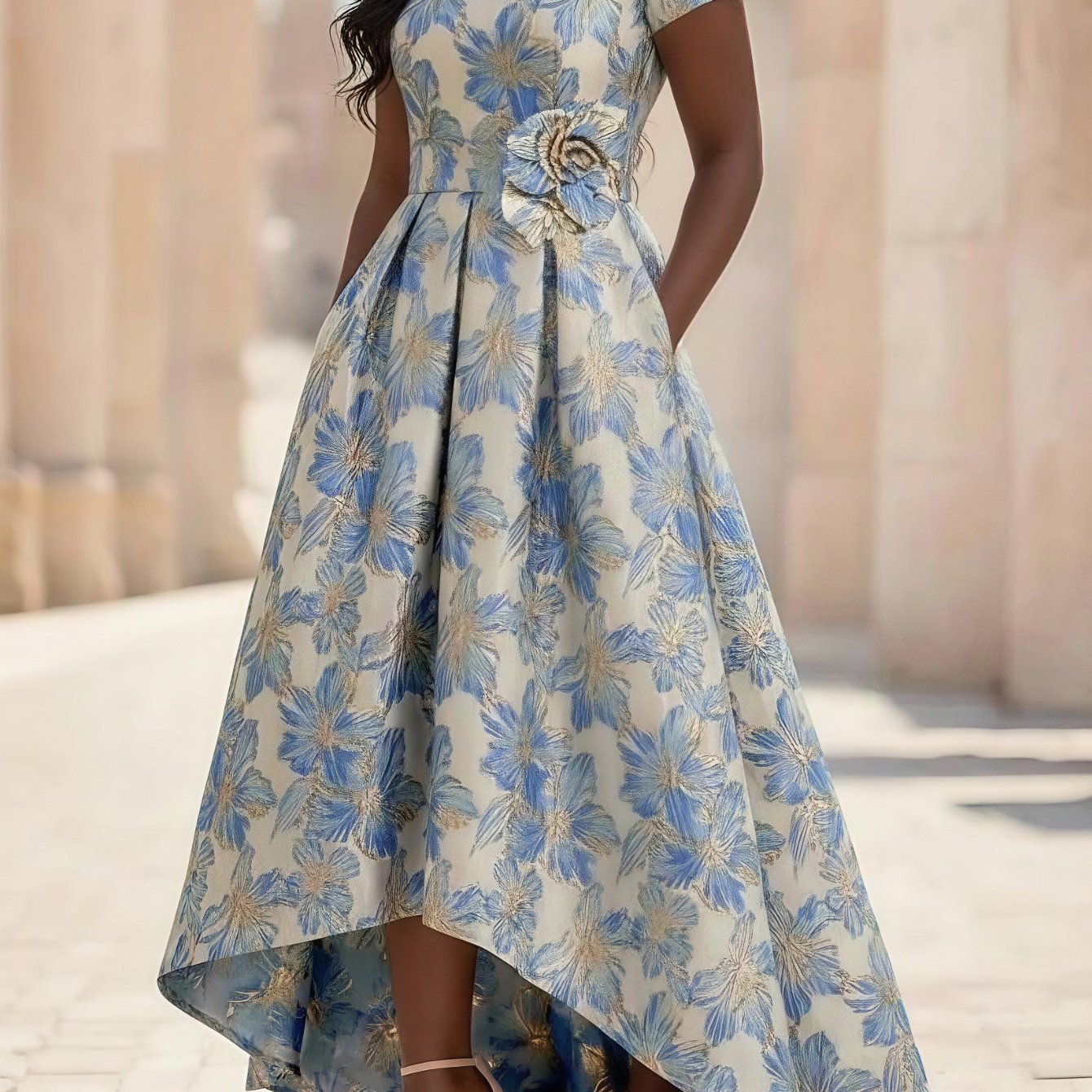 Robe élégante et cintrée à la taille pour femme, coupe ajustée, manches courtes et col rond