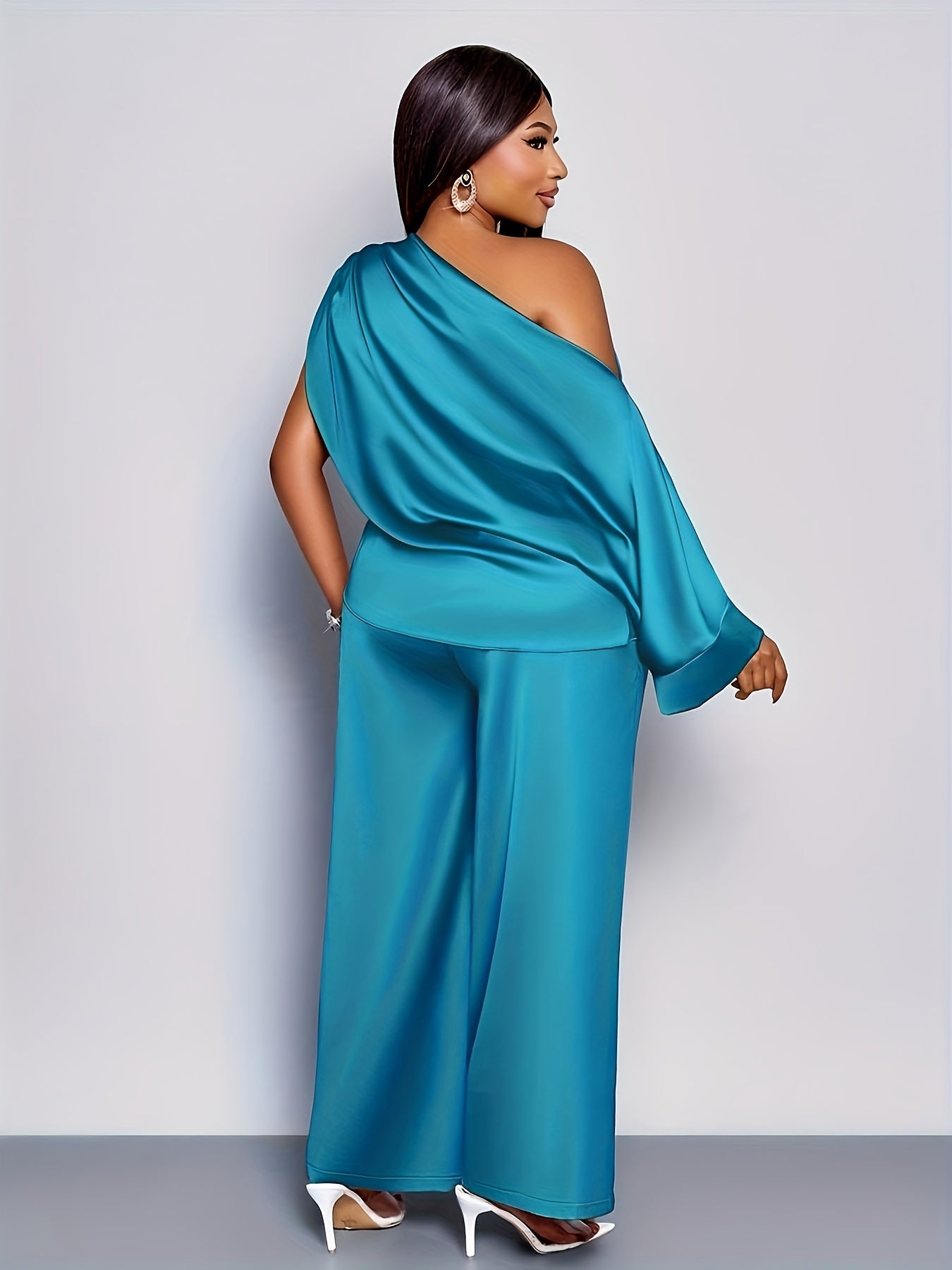 Élégante ensemble pantalon droit , asymétrique encolure mode et raffinée manches chauve-souris Ourlet asymétrique chemisier en satin e
