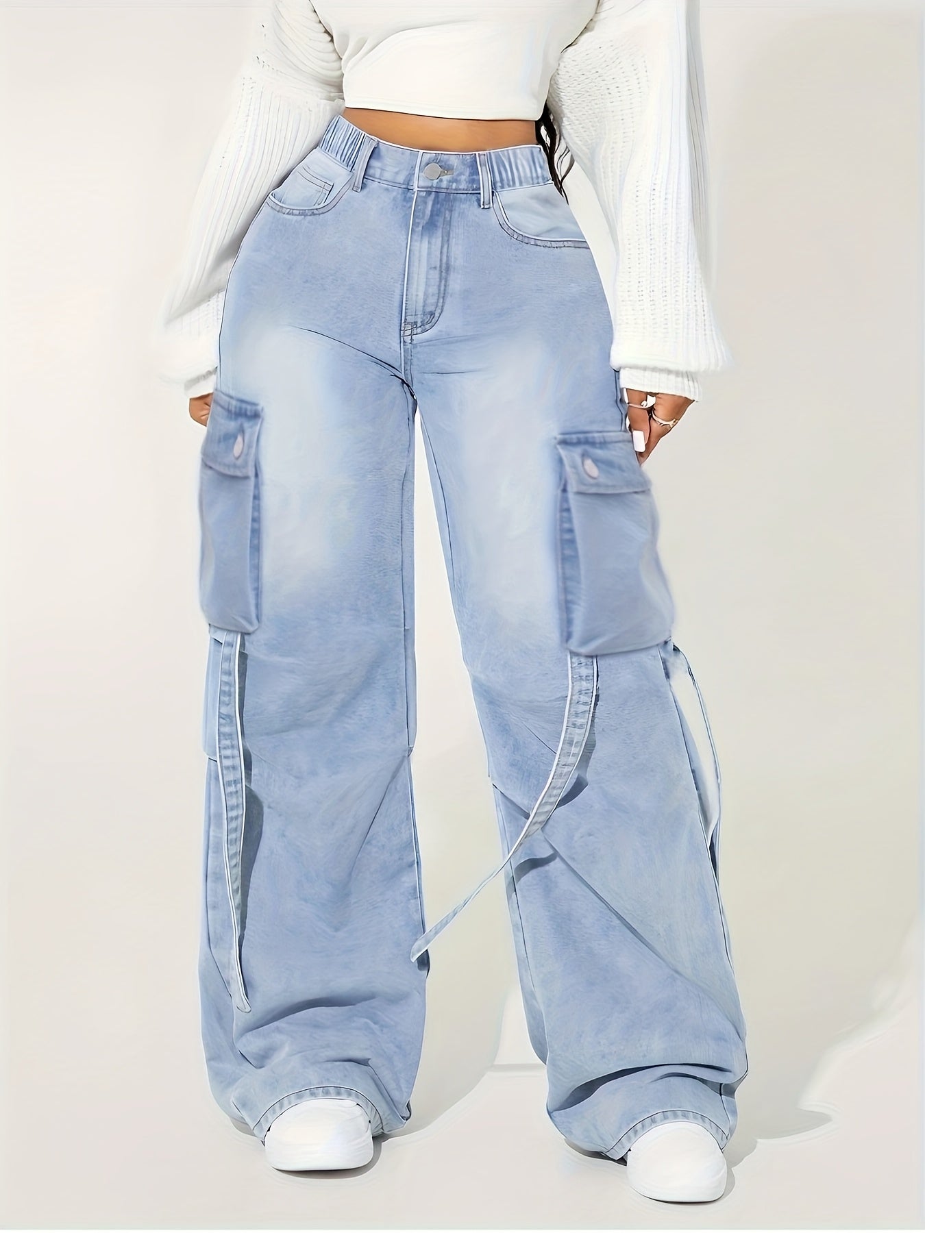 Jeans cargo taille haute à jambes larges pour femmes - ceinture élastique extensible, multiples poches