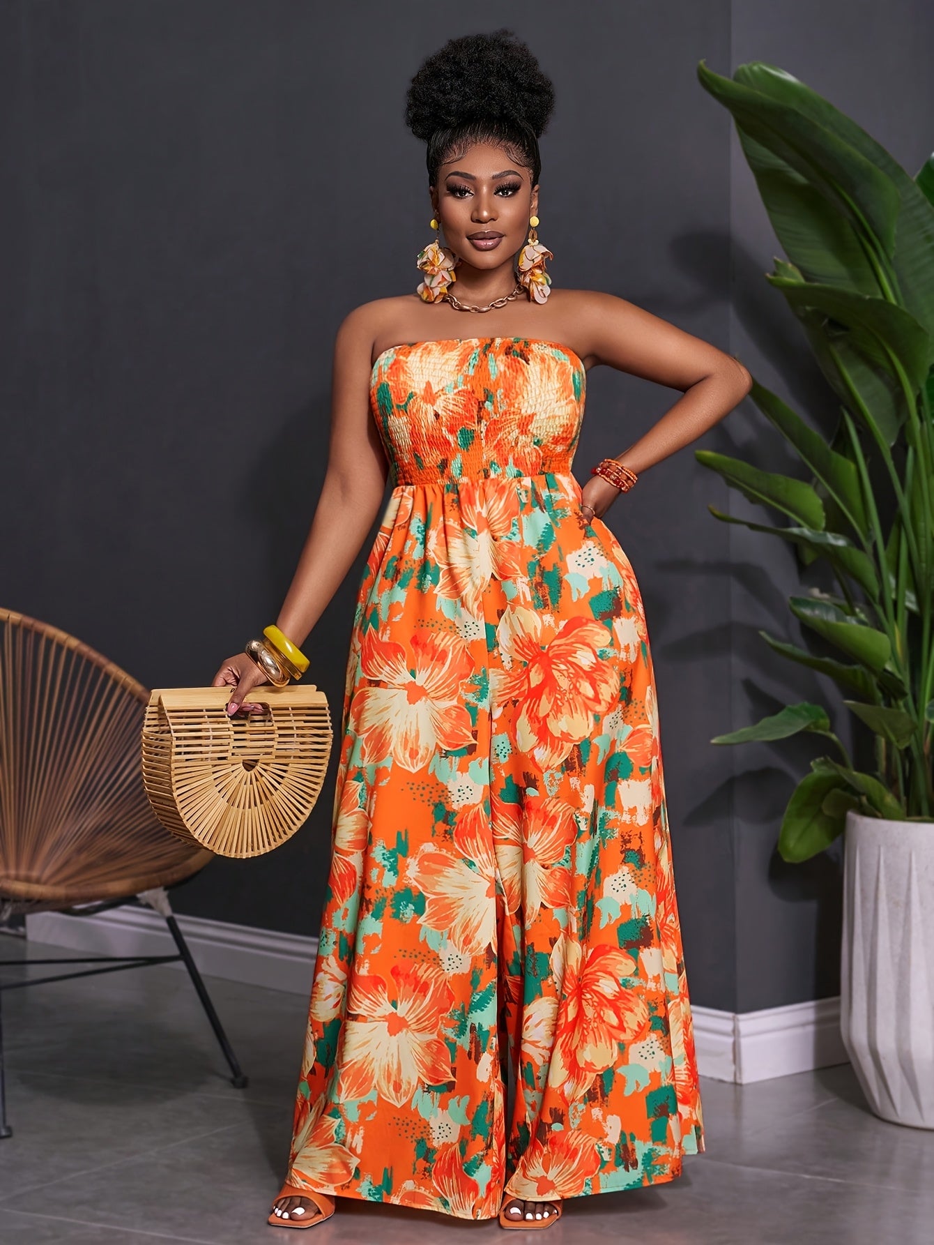 Combinaison grande taille pour femmes, design dos ouvert, motif Imprimé floral, pantalon décontracté sans manches taille haute