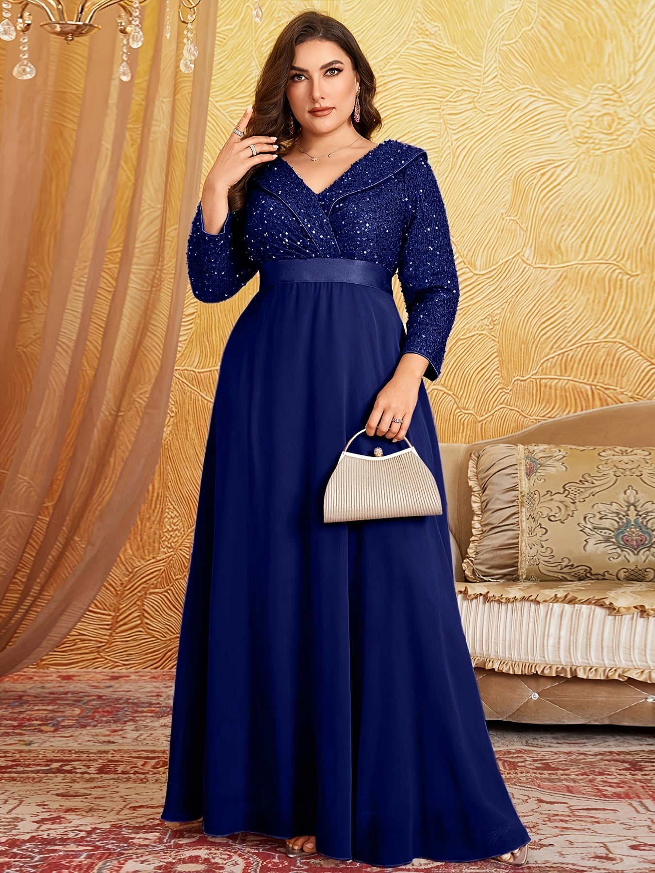 Robe Longue à Sequins et soie, Col en V, Manches 3/4, Grande Taille