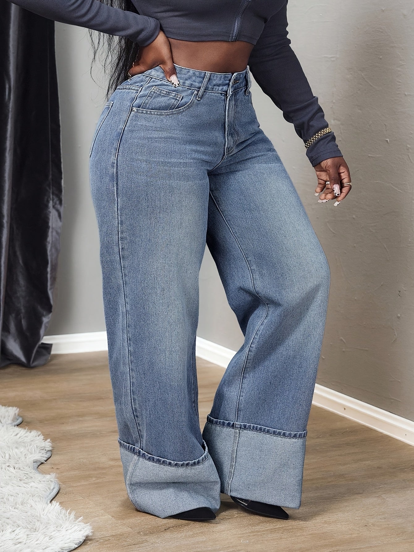 Pantalon Femme à Jambes Larges Lavé - Taille Élastique et Ouverture de Jambe,