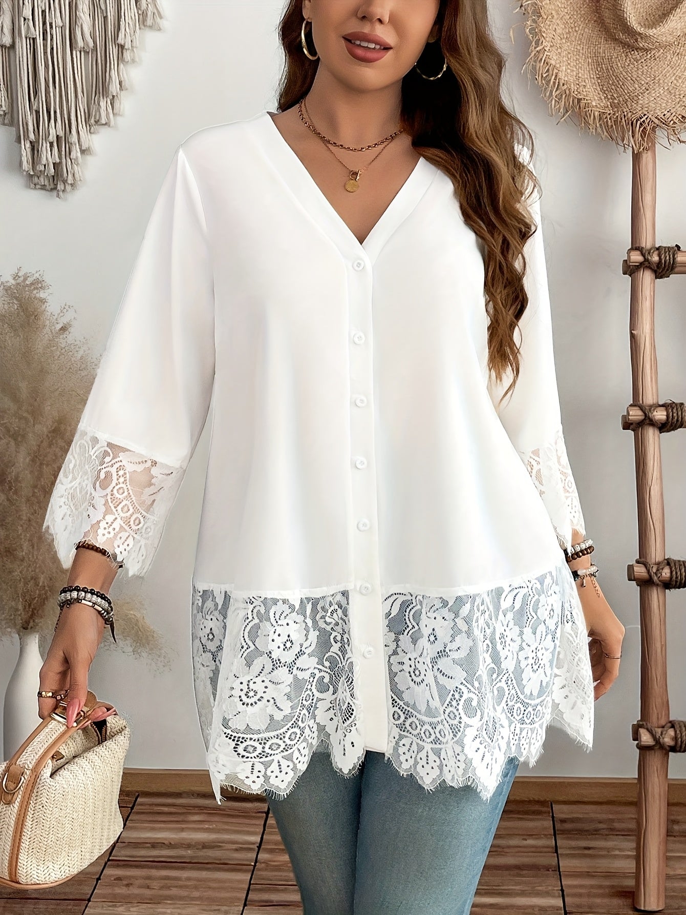 Chemise à Dentelle Contrastée pour Femmes Grande Taille