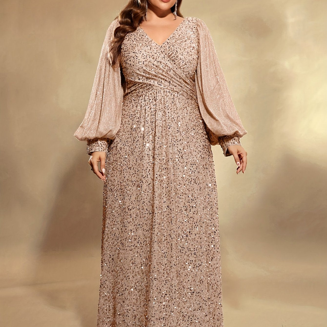 Grande Taille Robe de soirée élégante à sequins, manches lanternes longues et col en V pour femmes