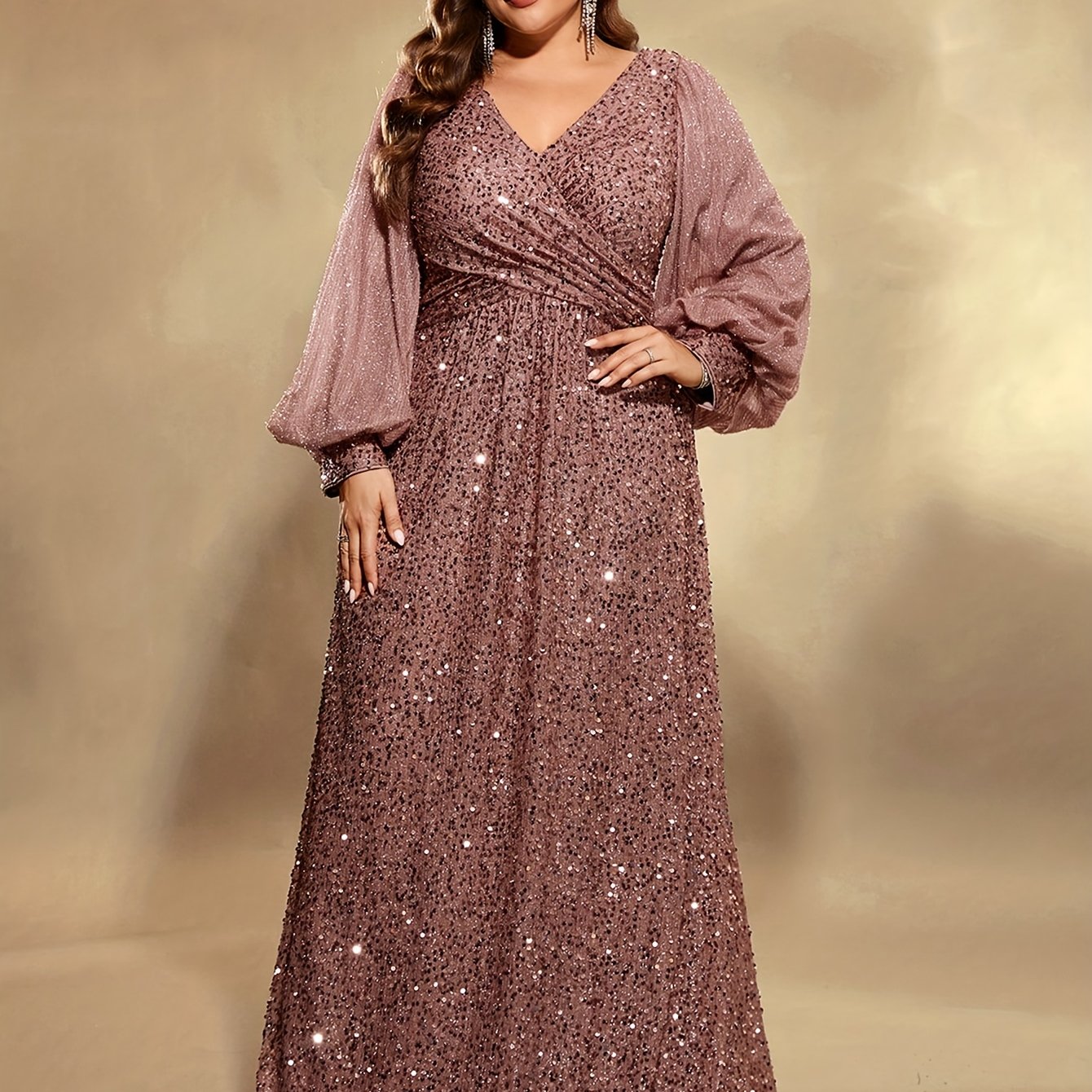 Grande Taille Robe de soirée élégante à sequins, manches lanternes longues et col en V pour femmes
