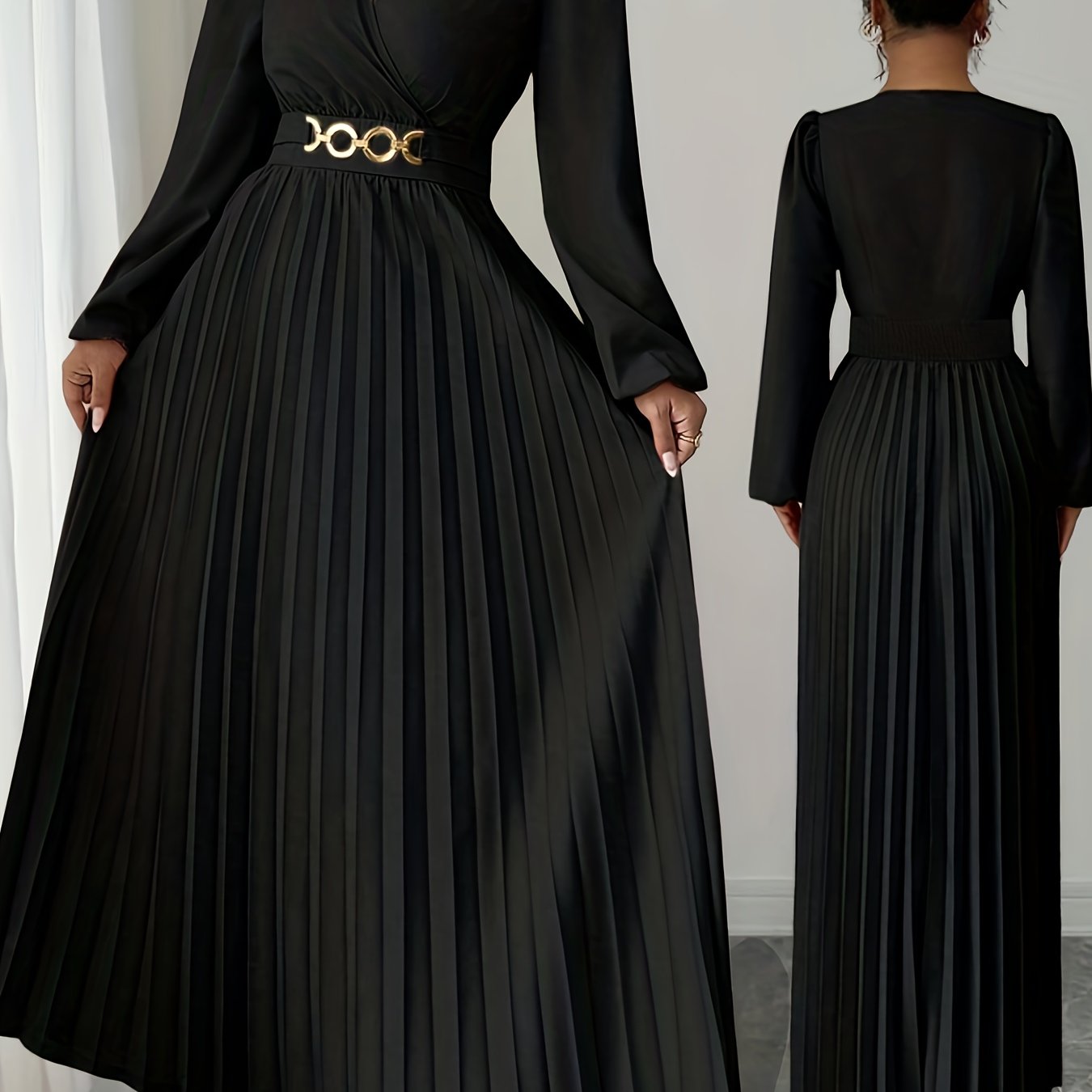 Robe plissée, élégante, ajouts en métal, fermeture éclair latérale et conception de volants sur le dos.