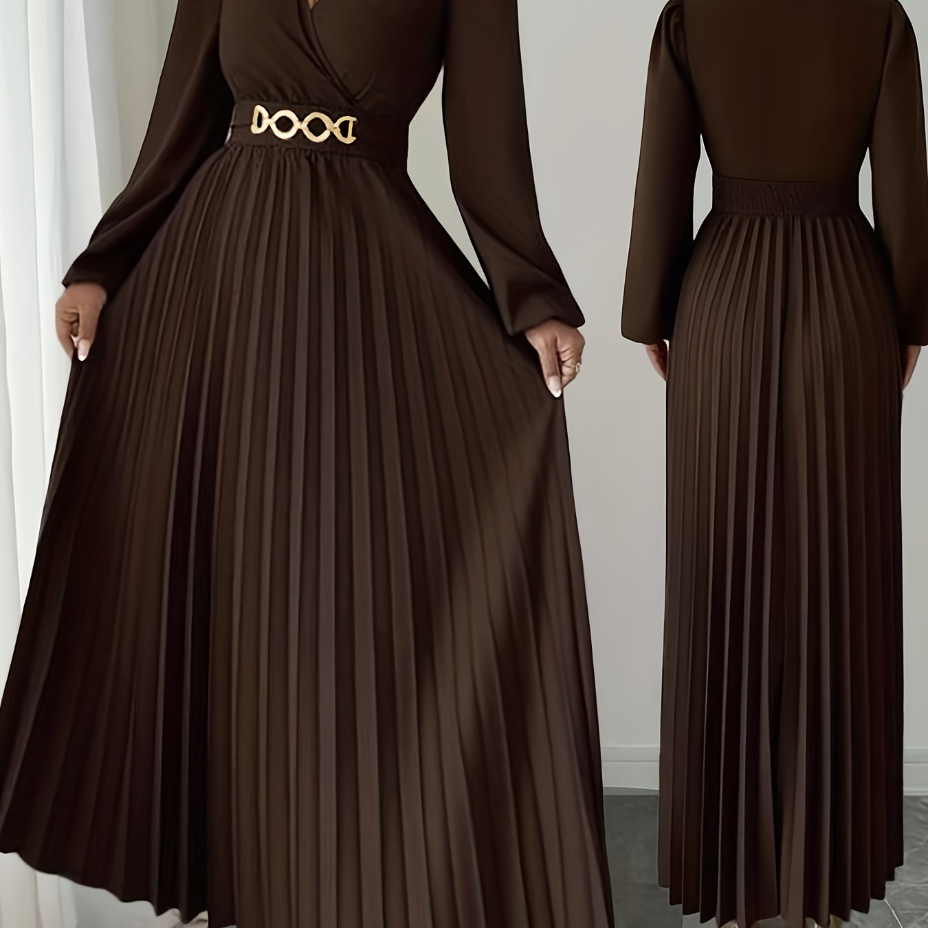 Robe plissée, élégante, ajouts en métal, fermeture éclair latérale et conception de volants sur le dos.