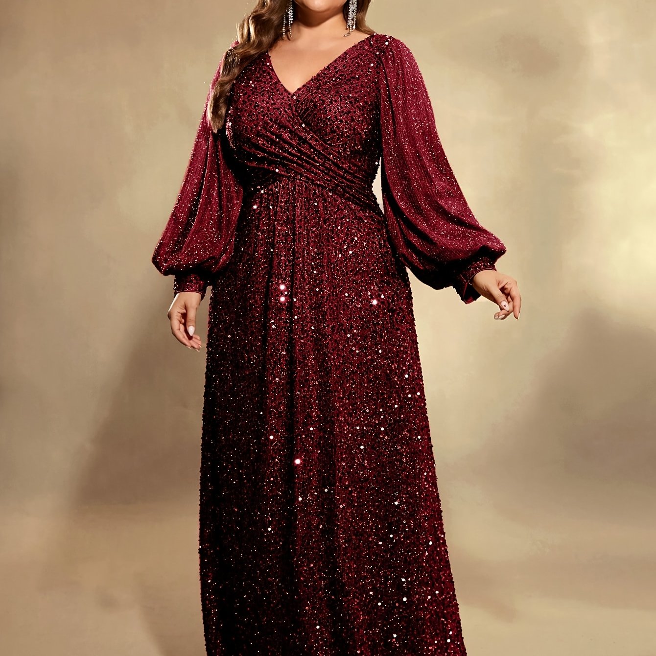 Grande Taille Robe de soirée élégante à sequins, manches lanternes longues et col en V pour femmes