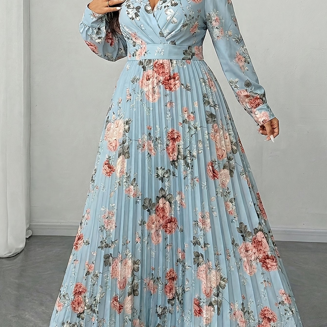 Robe plissée, imprimée Floral Taille Cintrée Col en V Manches Longues