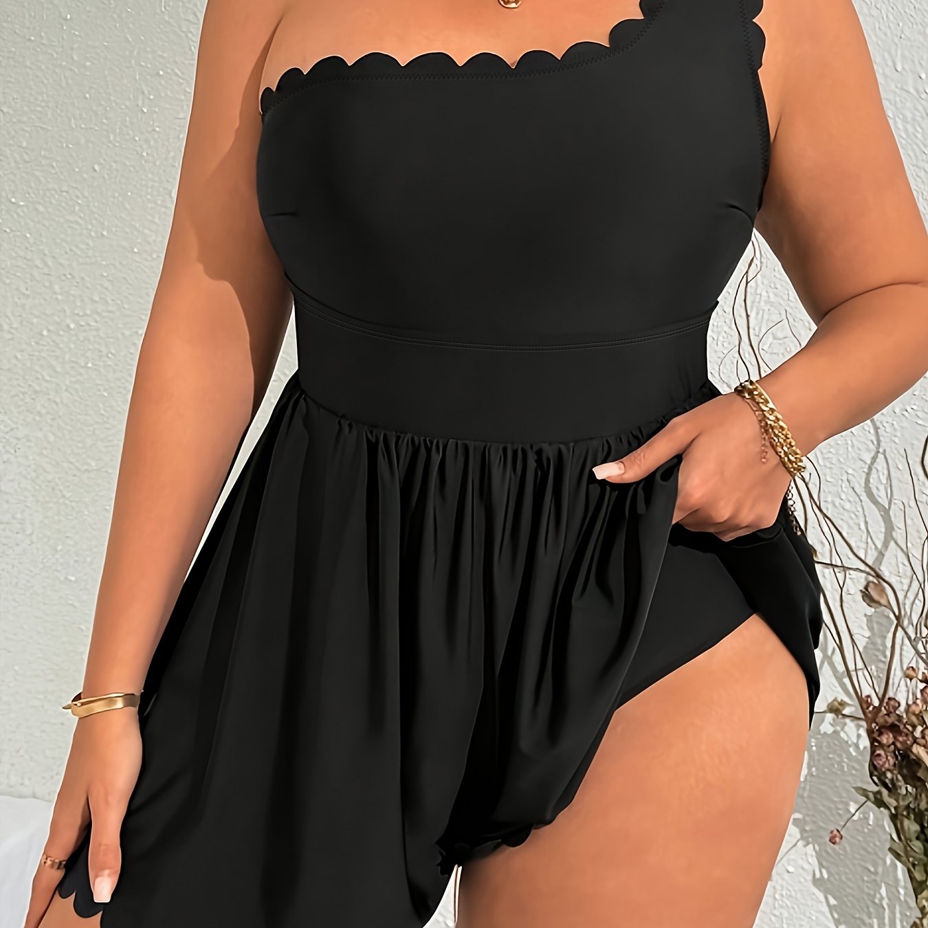 Maillot de bain élégant 1 pièce de couleur unie pour femme grande taille