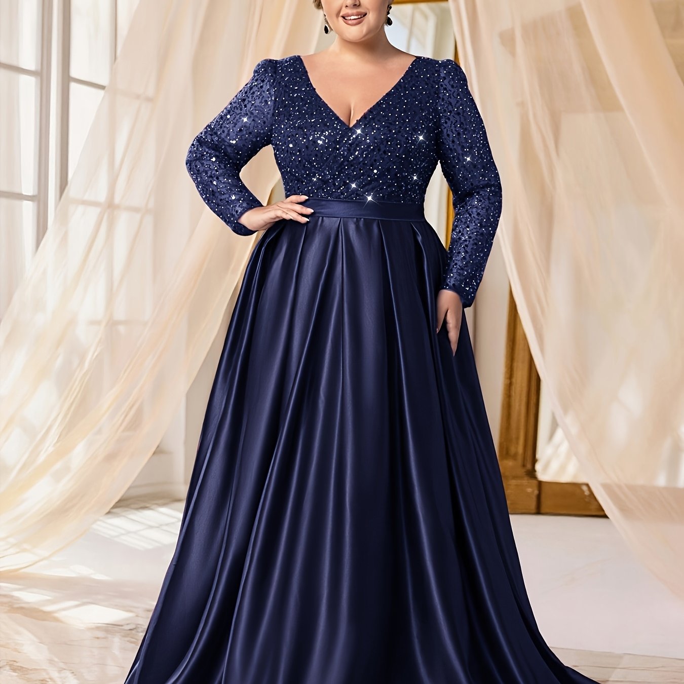 Robe de soirée en satin, col en V avec bordure en dentelle à paillettes ,