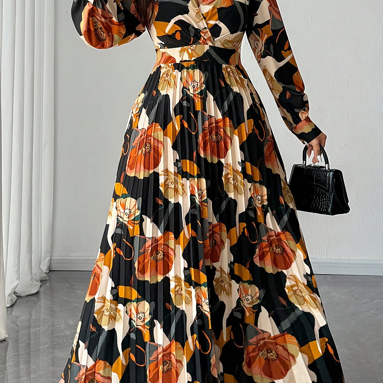 Robe plissée, imprimée Floral Taille Cintrée Col en V Manches Longues