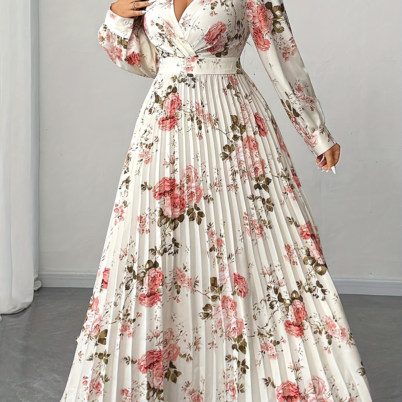 Robe plissée, imprimée Floral Taille Cintrée Col en V Manches Longues
