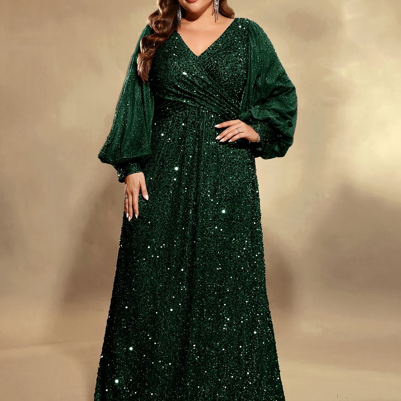 Grande Taille Robe de soirée élégante à sequins, manches lanternes longues et col en V pour femmes