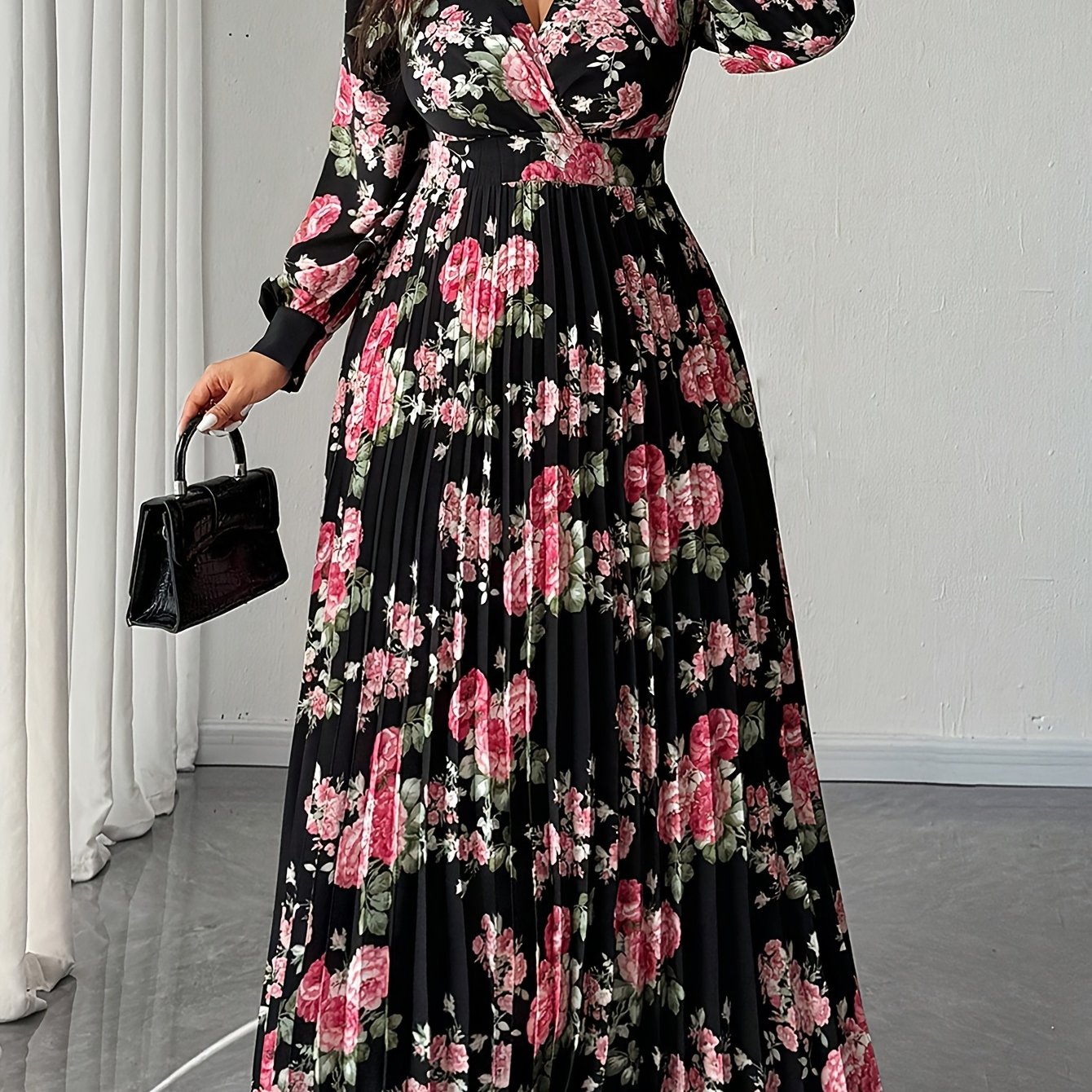 Robe plissée, imprimée Floral Taille Cintrée Col en V Manches Longues