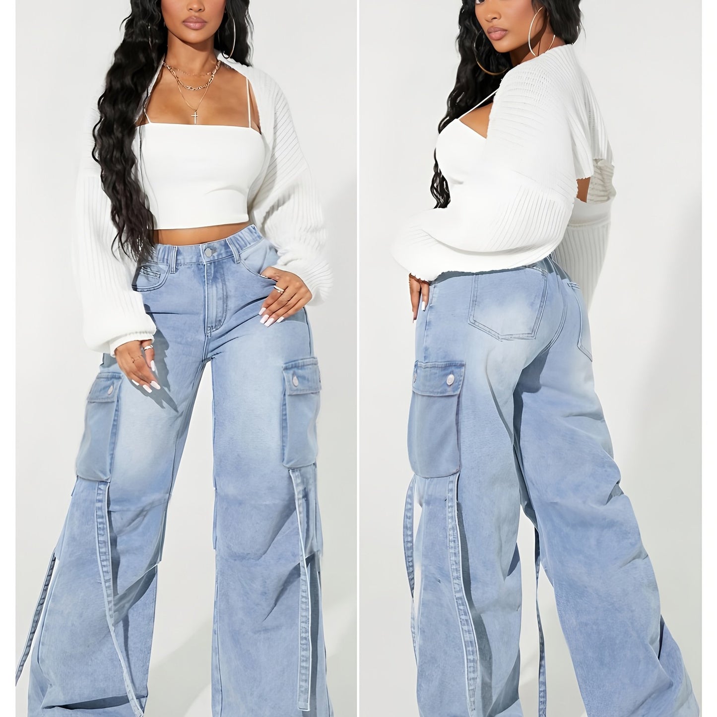 Jeans cargo taille haute à jambes larges pour femmes - ceinture élastique extensible, multiples poches