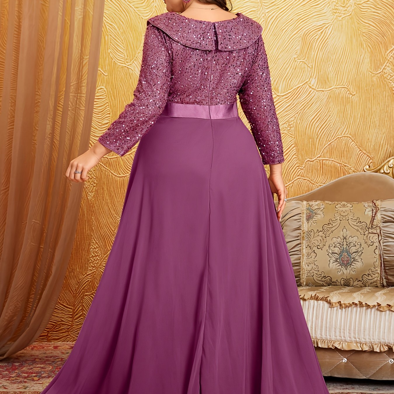 Robe Longue à Sequins et soie, Col en V, Manches 3/4, Grande Taille