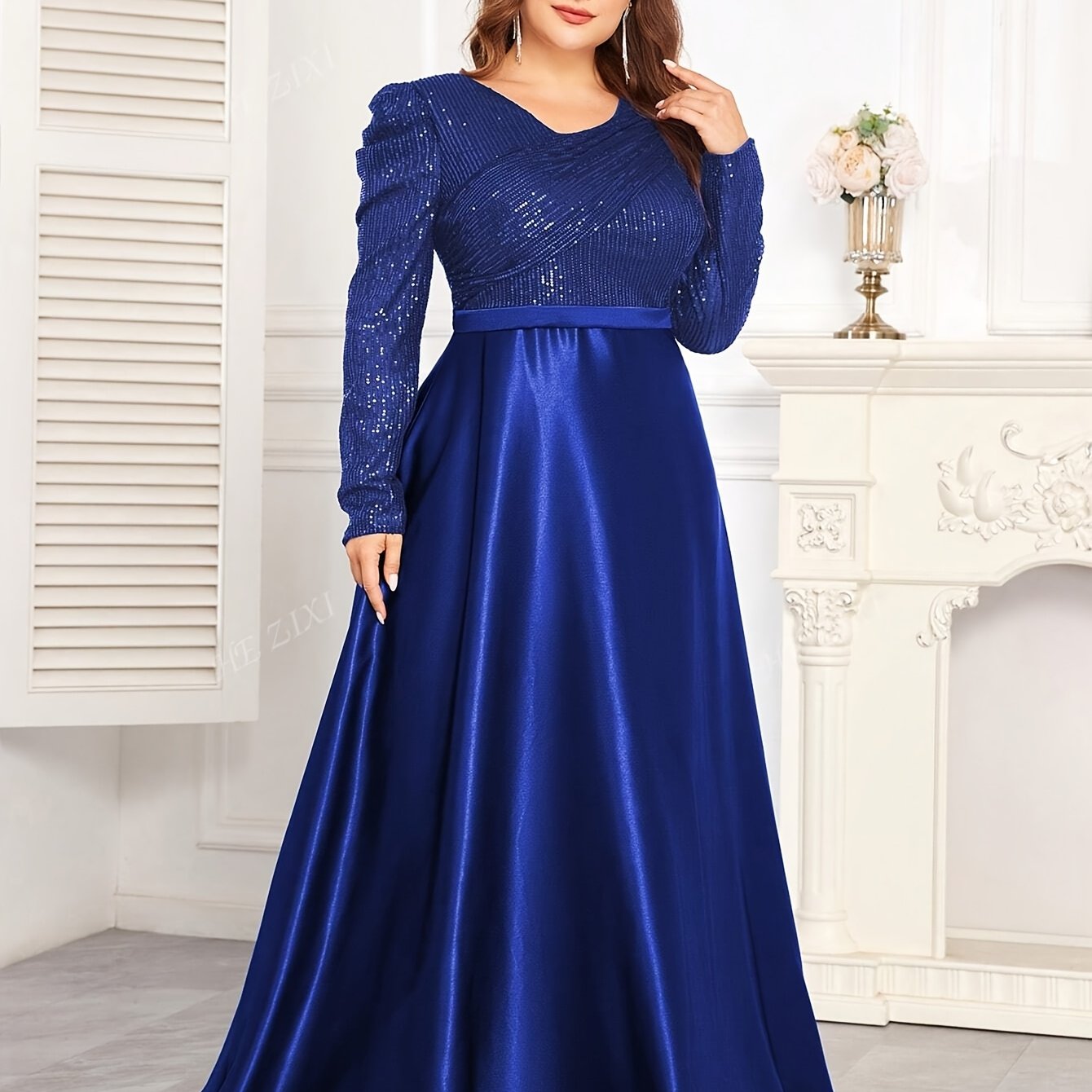 Robe de soirée col rond pour femme, grande taille, manches longues.