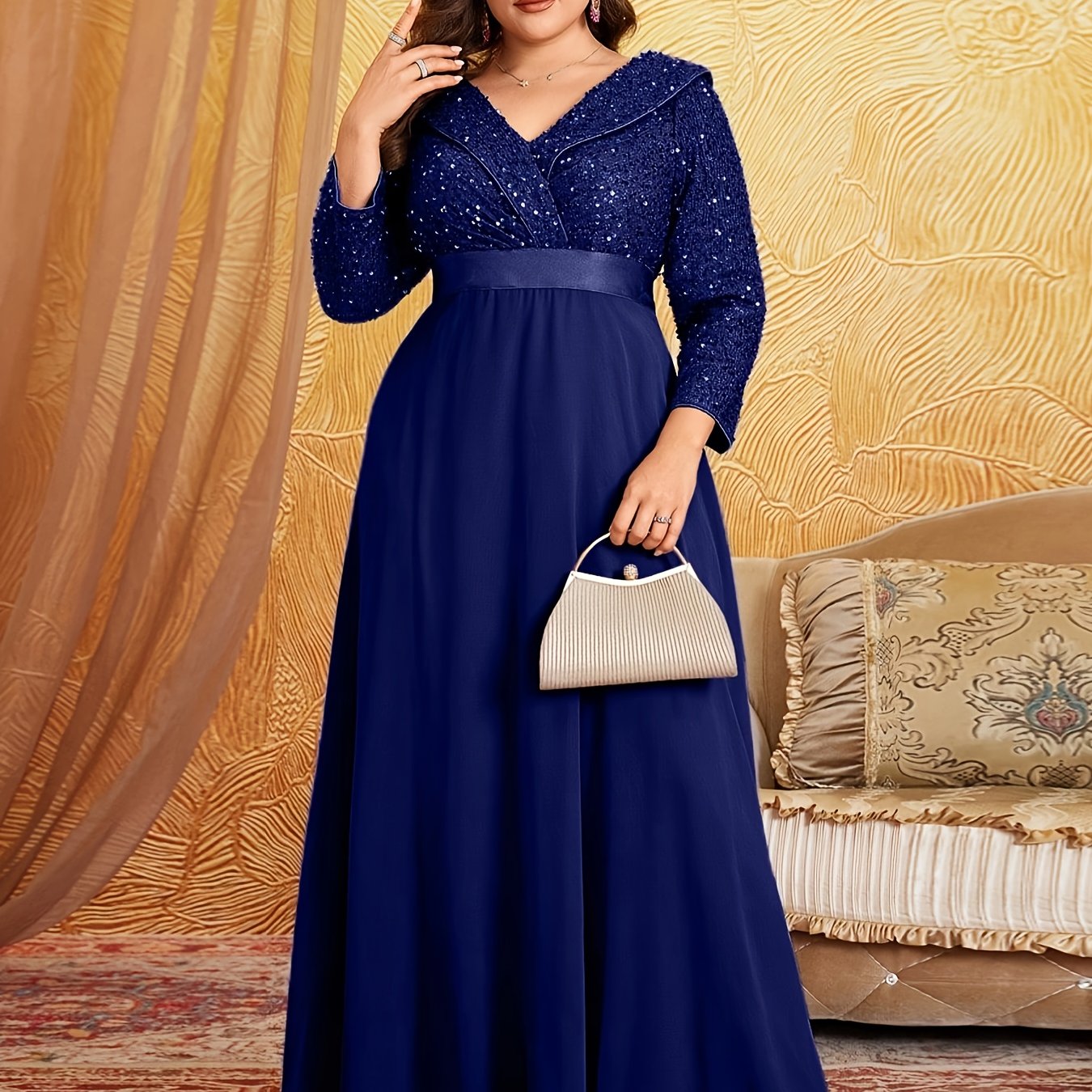 Robe Longue à Sequins et soie, Col en V, Manches 3/4, Grande Taille