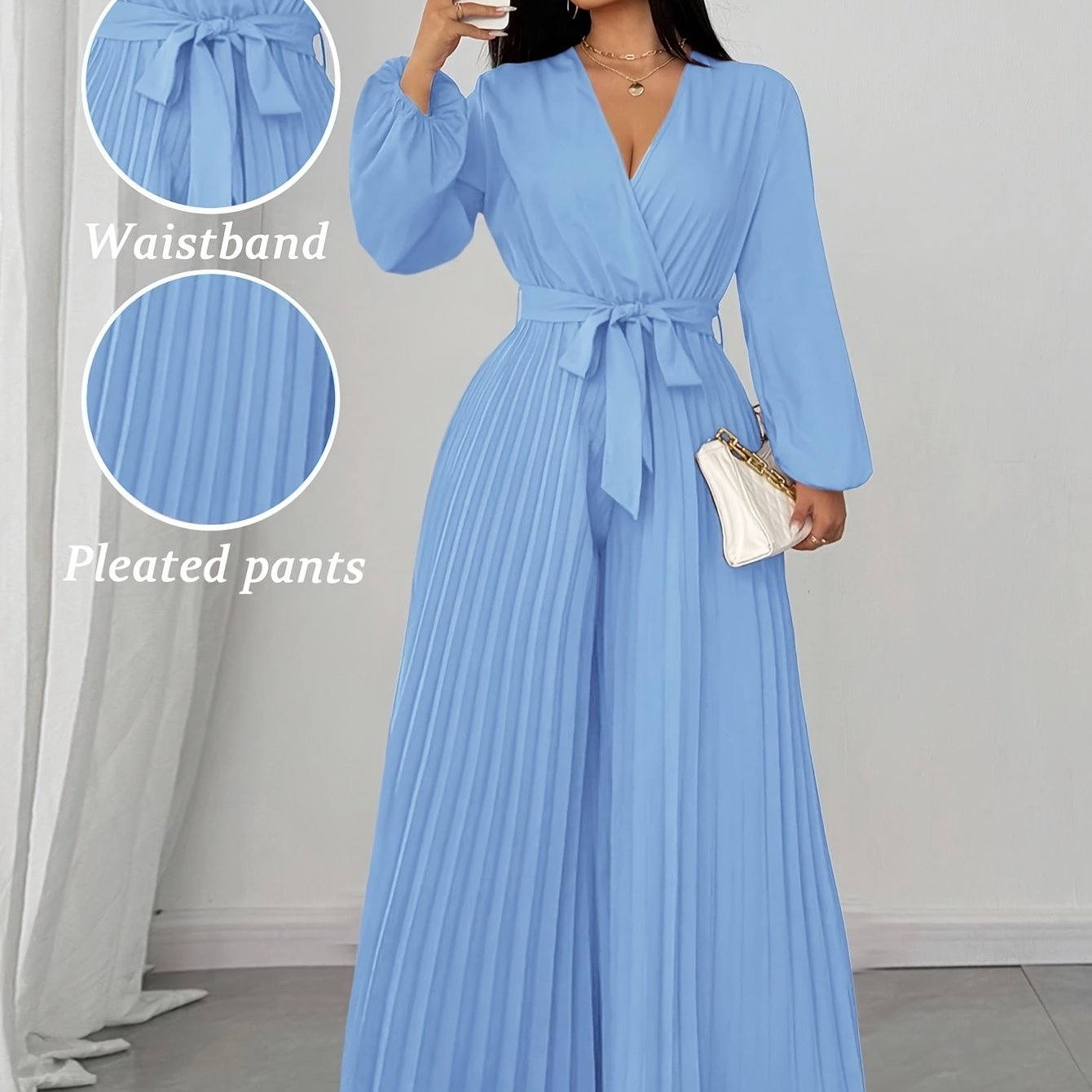 Combinaison femme grande taille , col V, manches longues, taille ajustable et pantalon plissé à Jambes Larges