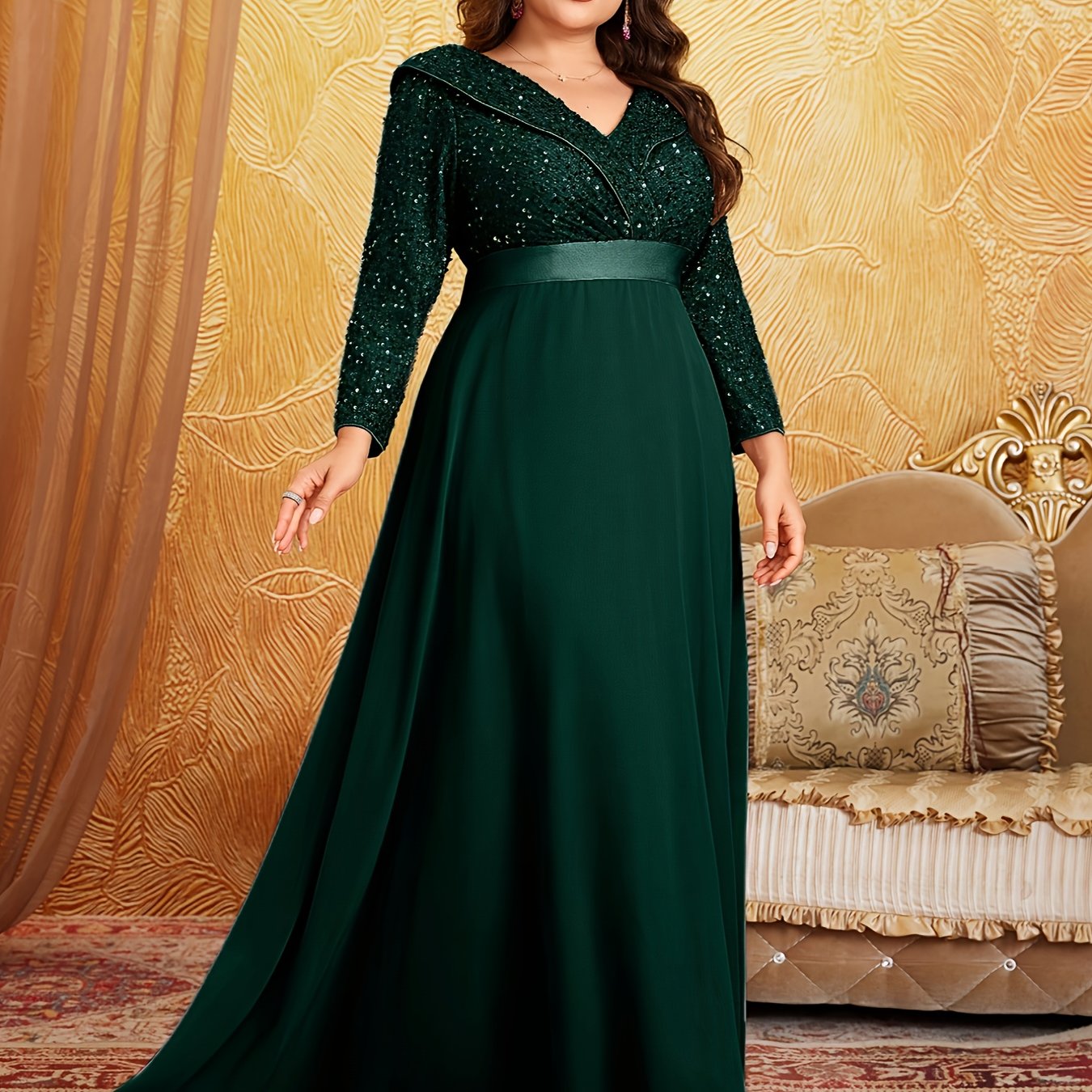 Robe Longue à Sequins et soie, Col en V, Manches 3/4, Grande Taille