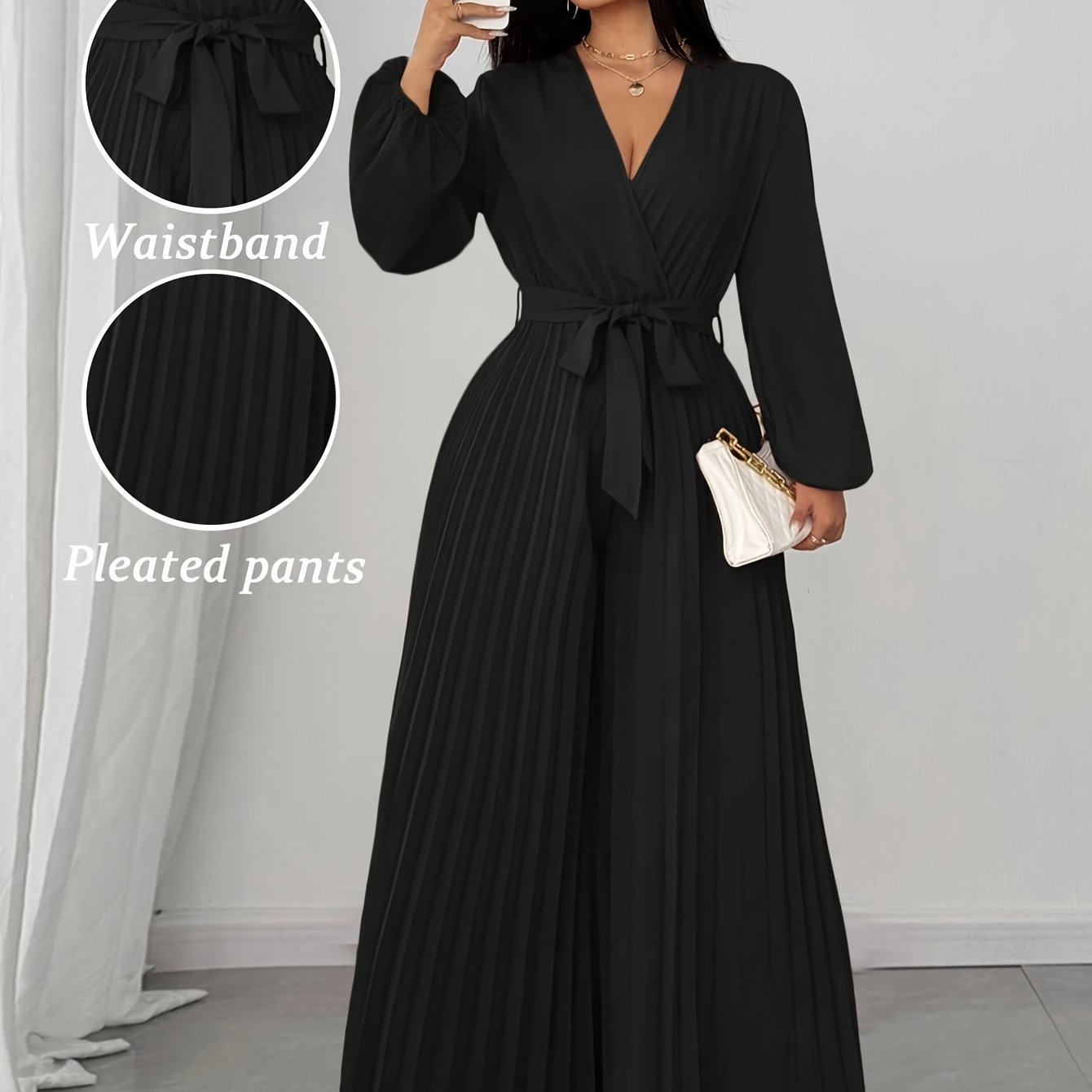 Combinaison femme grande taille , col V, manches longues, taille ajustable et pantalon plissé à Jambes Larges