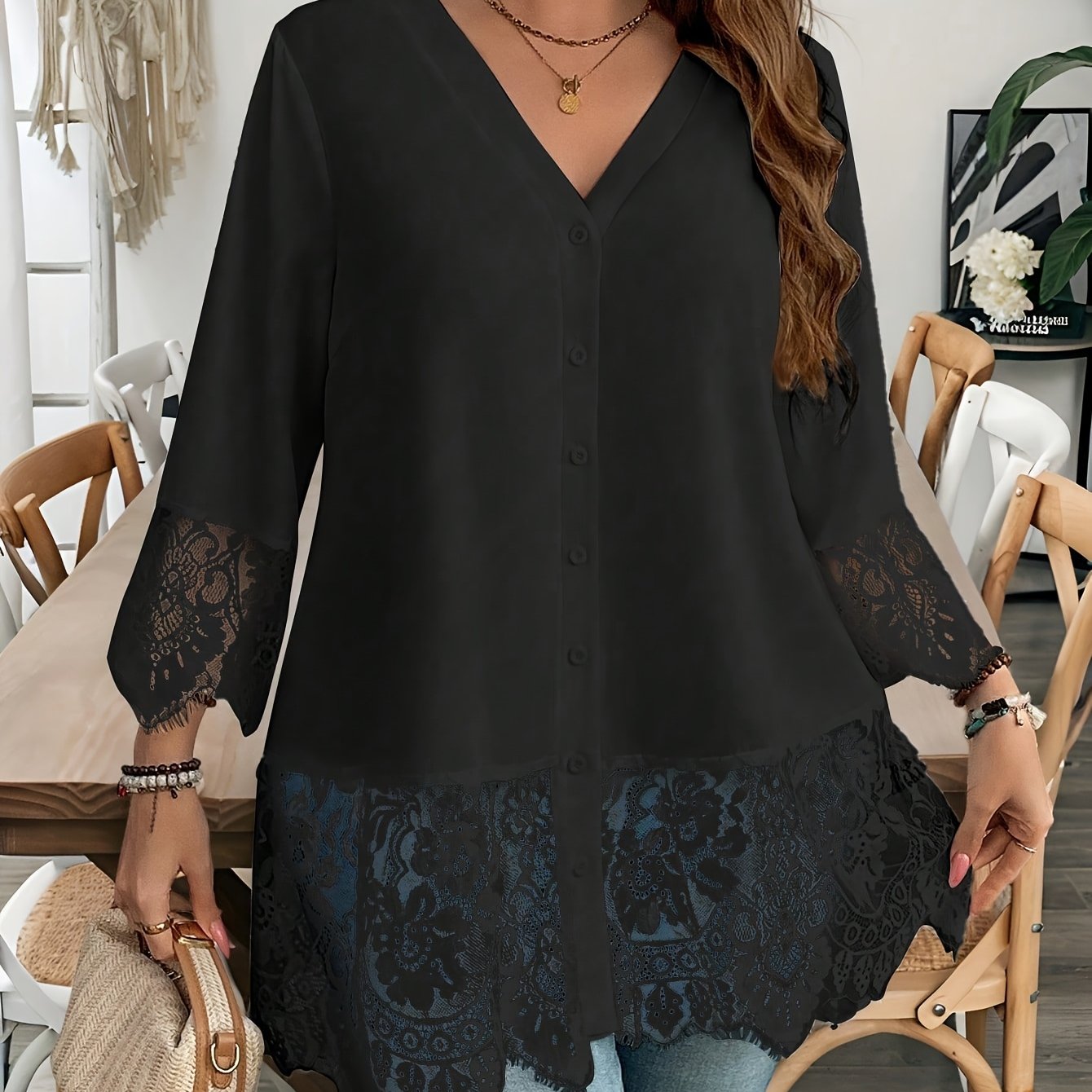 Chemise à Dentelle Contrastée pour Femmes Grande Taille