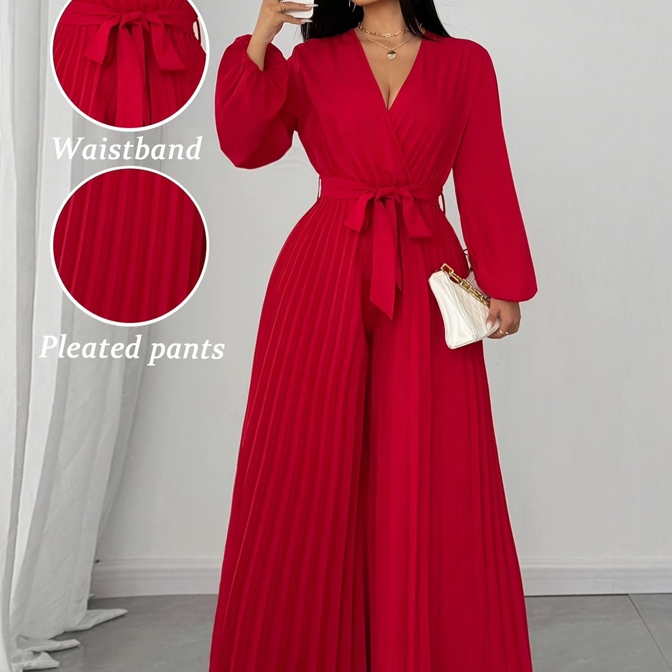 Combinaison femme grande taille , col V, manches longues, taille ajustable et pantalon plissé à Jambes Larges