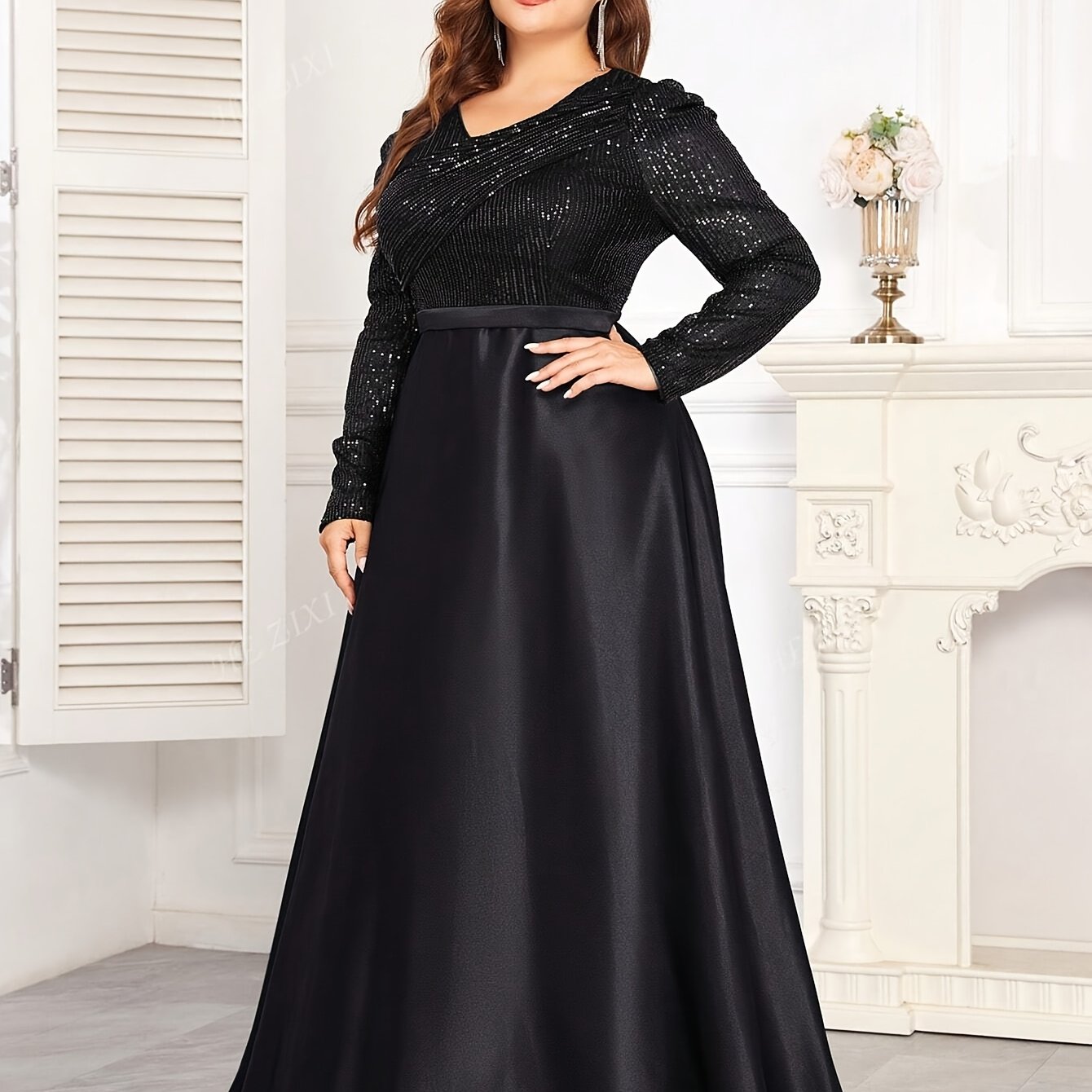 Robe de soirée col rond pour femme, grande taille, manches longues.