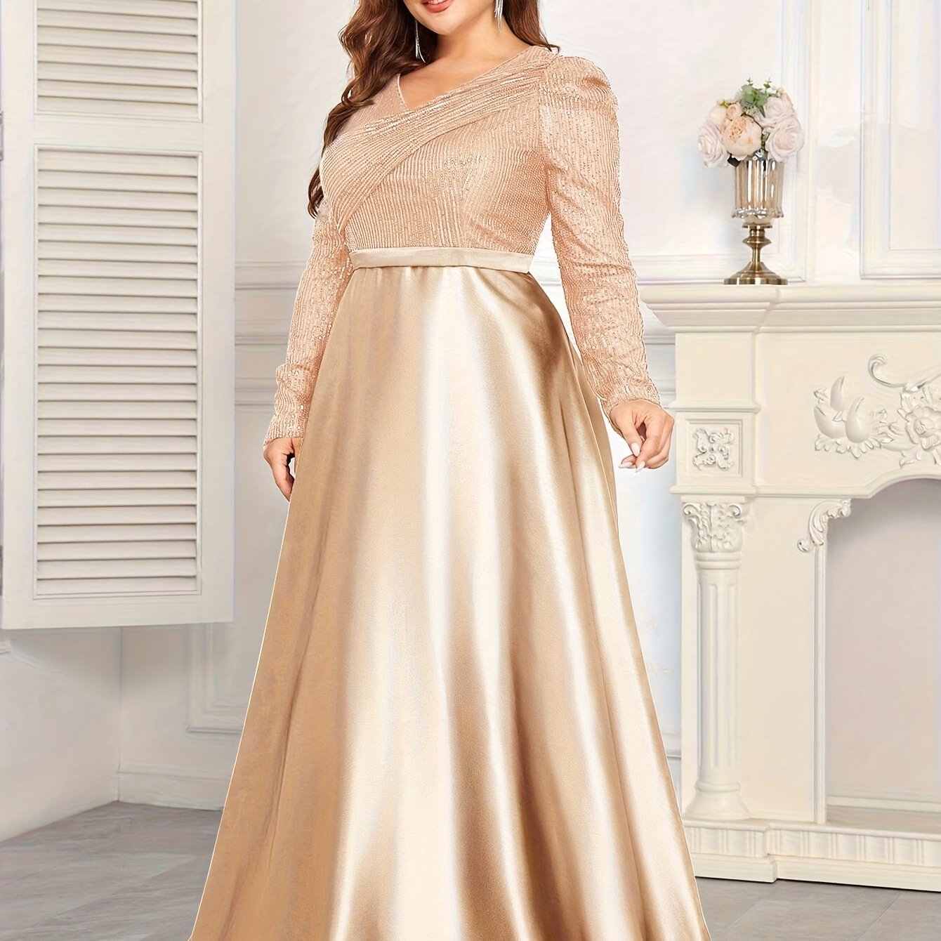 Robe de soirée col rond pour femme, grande taille, manches longues.