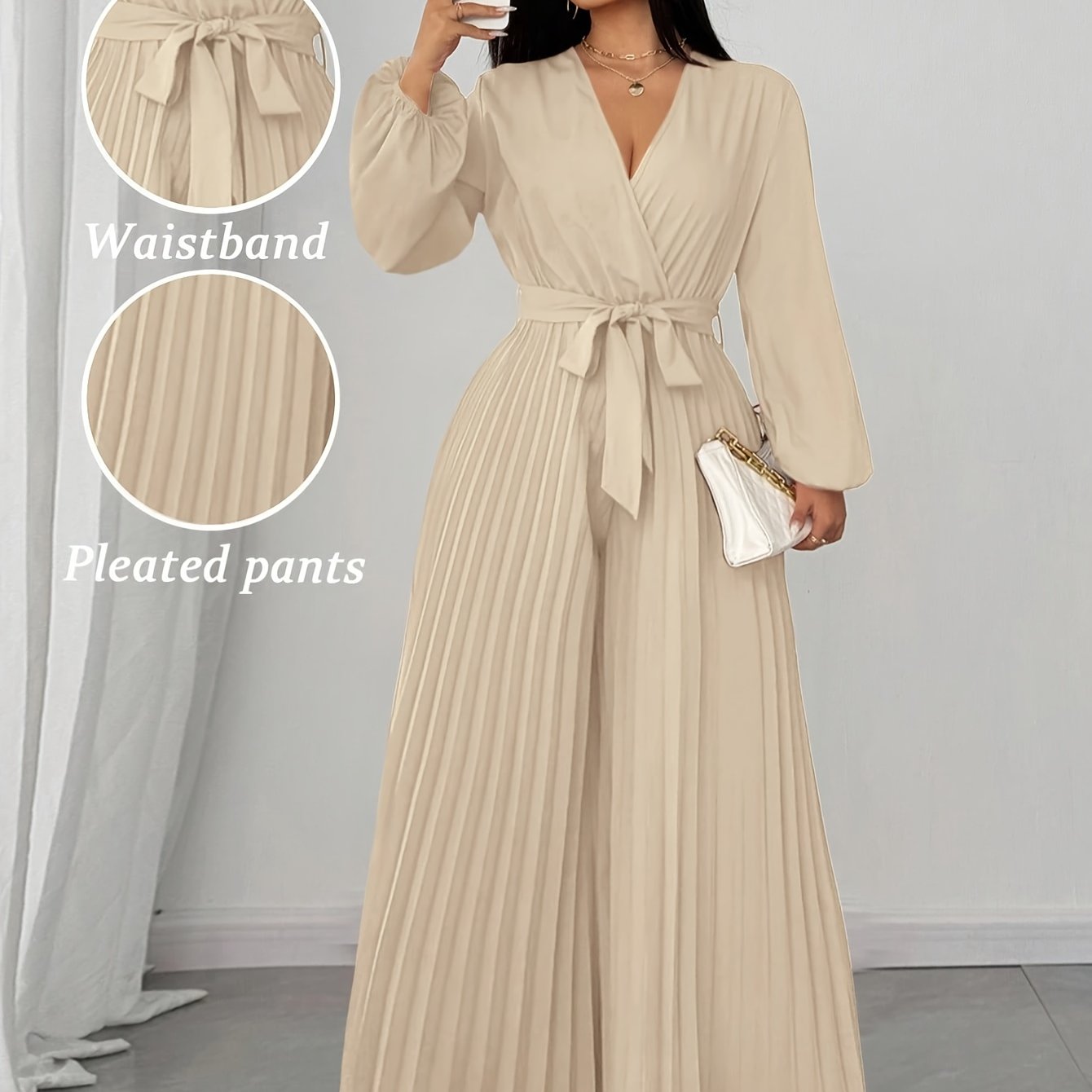 Combinaison femme grande taille , col V, manches longues, taille ajustable et pantalon plissé à Jambes Larges