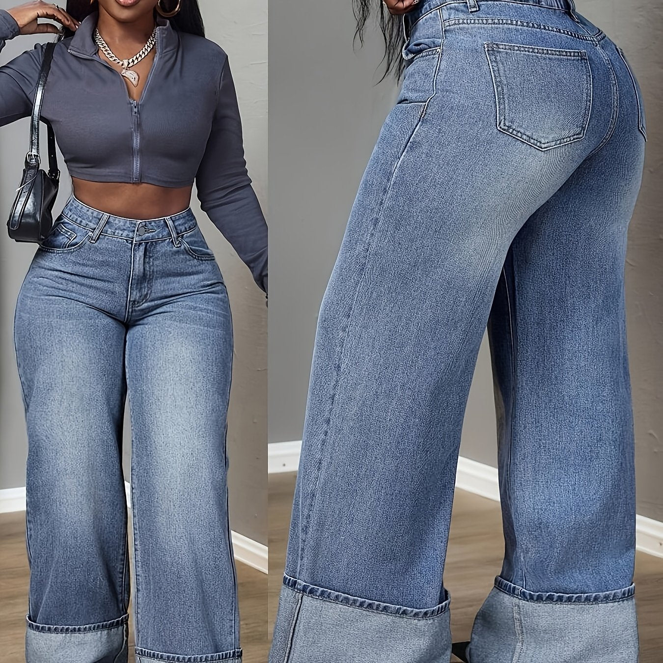 Pantalon Femme à Jambes Larges Lavé - Taille Élastique et Ouverture de Jambe,