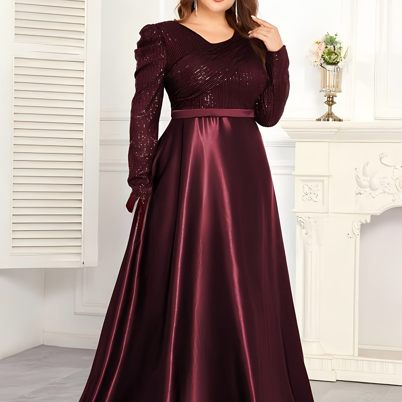 Robe de soirée col rond pour femme, grande taille, manches longues.