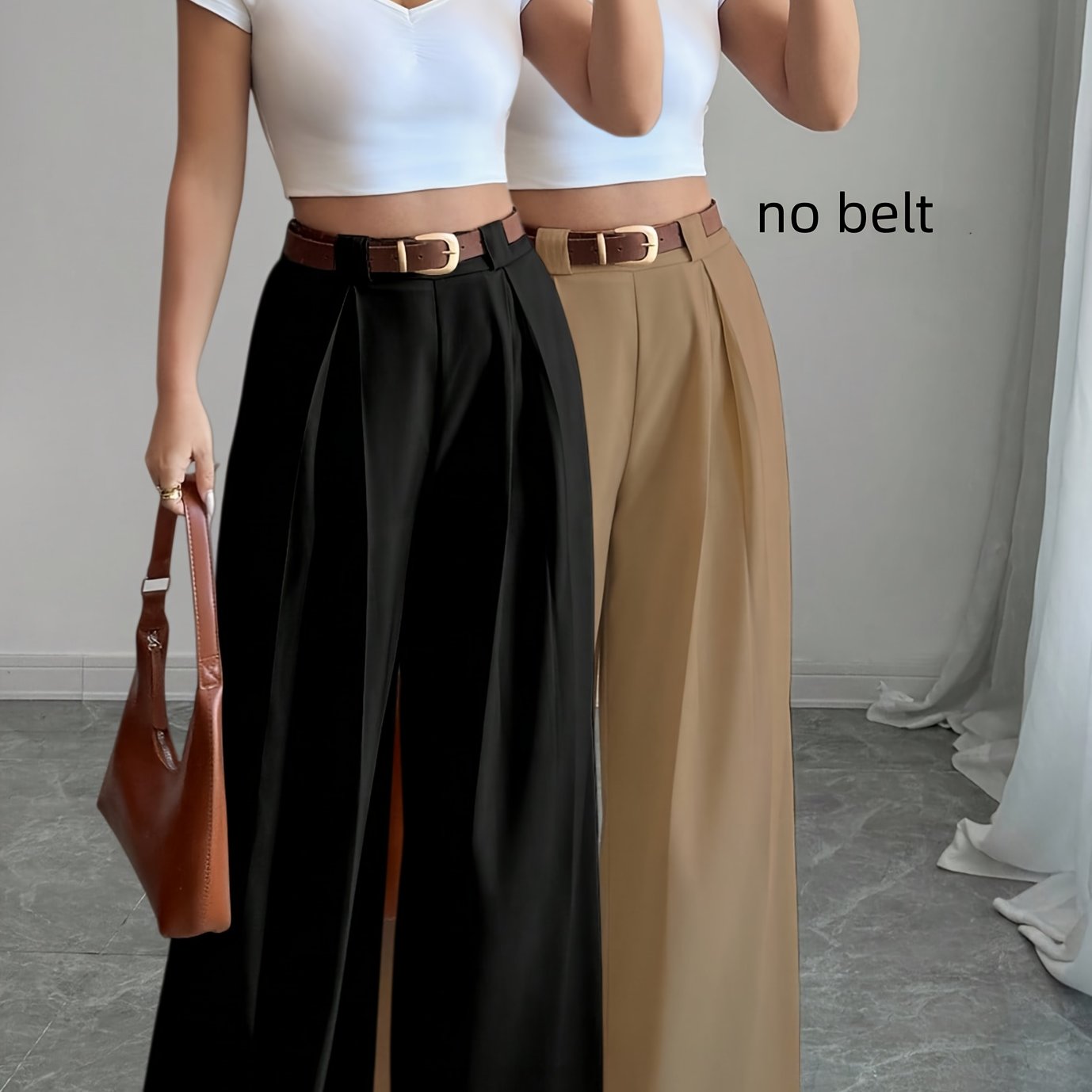 Ensemble de pantalons taille haute 2 pièces pour femmes, couleur unie, style élégant