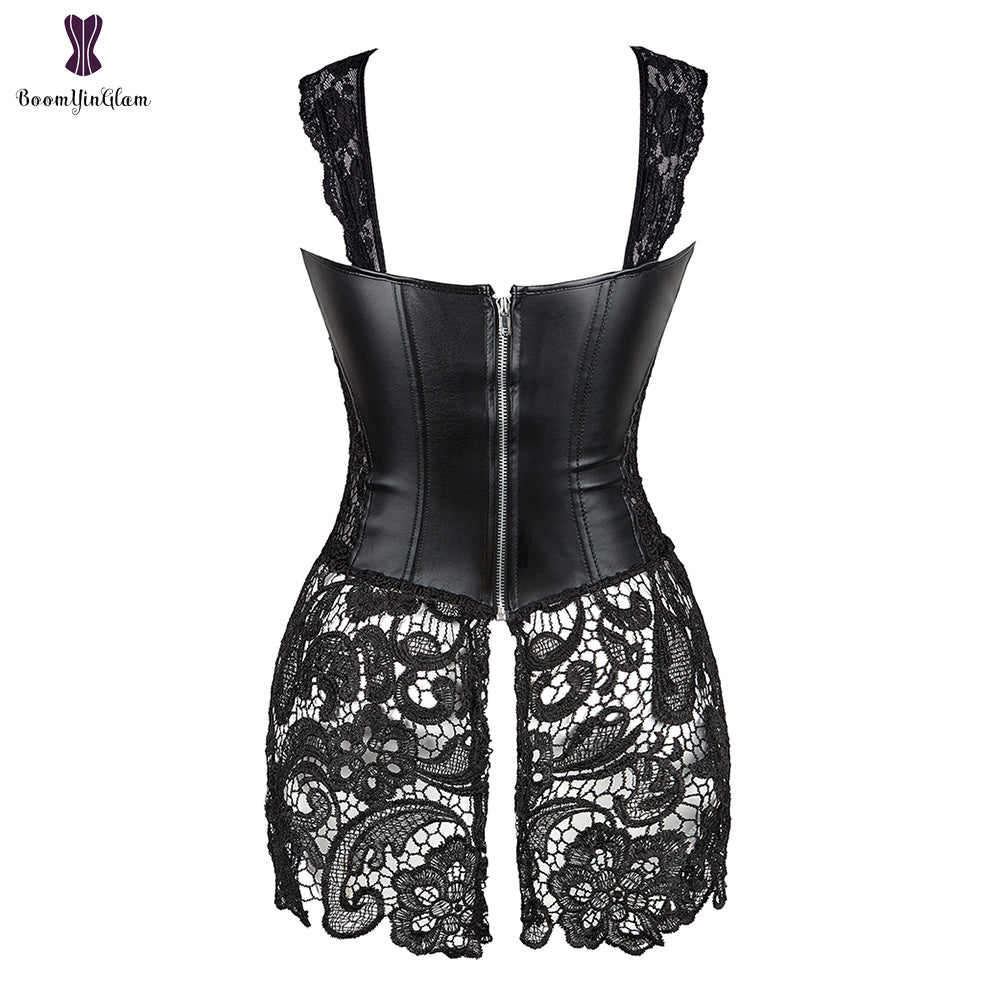 Robe Corset Bustier En Faux Cuir À Lacets, Noir Et Rouge, Grande Taille Avec String .