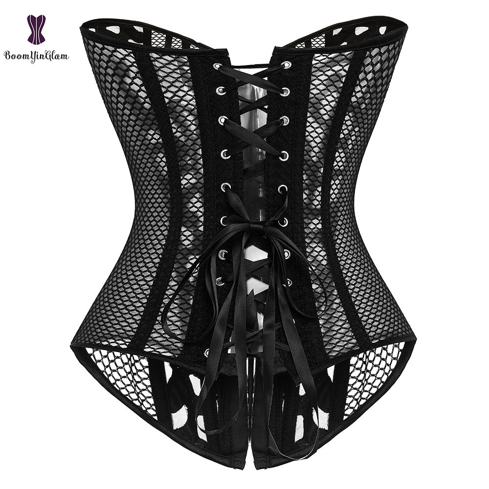 Corset Bustier Noir En Maille Transparente Pour Femmes.