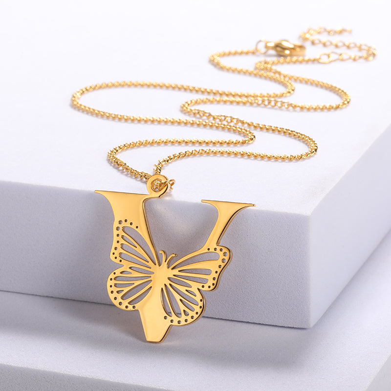 Colliers avec gros papillons pour femmes et filles, bijoux en acier inoxydable, chaîne avec pendentif Alphabet