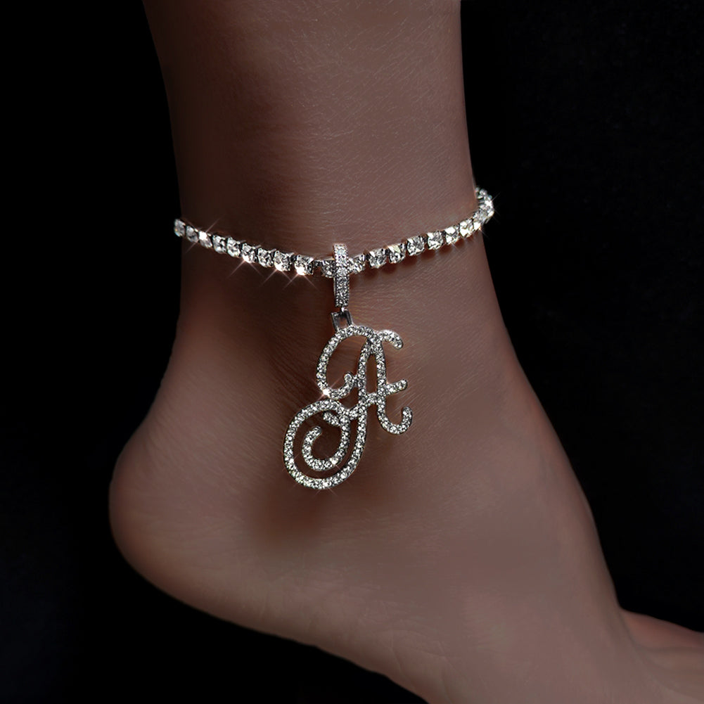 Bracelet De Cheville En Zircon Avec Lettres Initiales Pour Femme, Gourmette Cristal Scintillant.