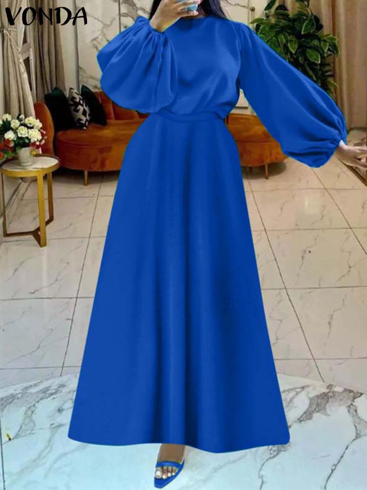 Robe Longue en Satin pour Femme, Vêtement Élégant, Décontracté, Manches Lanternes, Couleur Unie