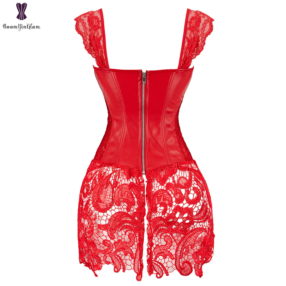 Robe Corset Bustier En Faux Cuir À Lacets, Noir Et Rouge, Grande Taille Avec String .