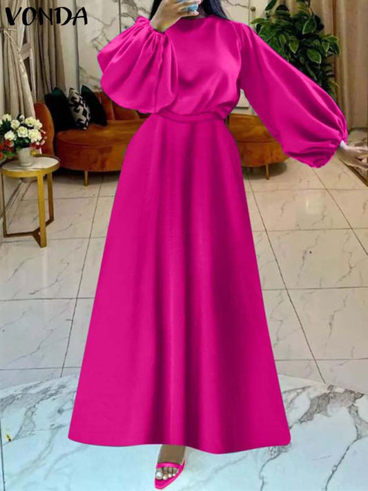 Robe Longue en Satin pour Femme, Vêtement Élégant, Décontracté, Manches Lanternes, Couleur Unie