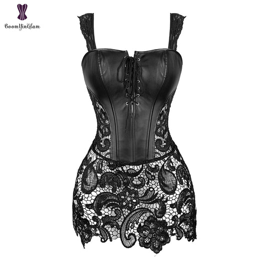 Robe Corset Bustier En Faux Cuir À Lacets, Noir Et Rouge, Grande Taille Avec String .