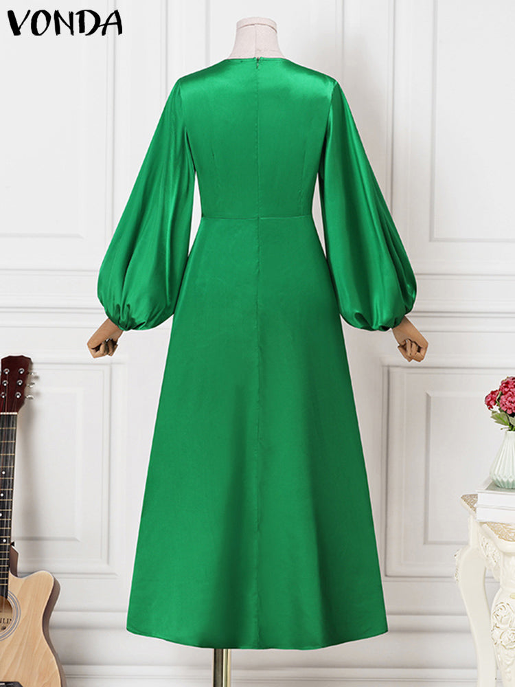 Robe Longue en Satin pour Femme, Vêtement Élégant, Décontracté, Manches Lanternes, Couleur Unie
