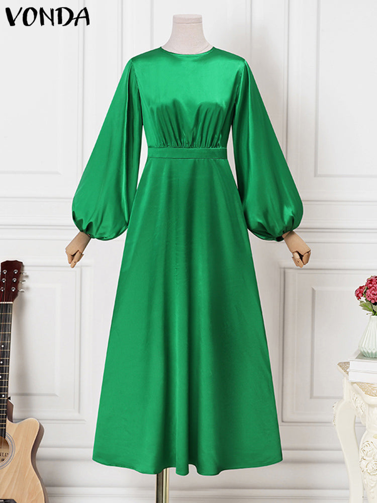 Robe Longue en Satin pour Femme, Vêtement Élégant, Décontracté, Manches Lanternes, Couleur Unie