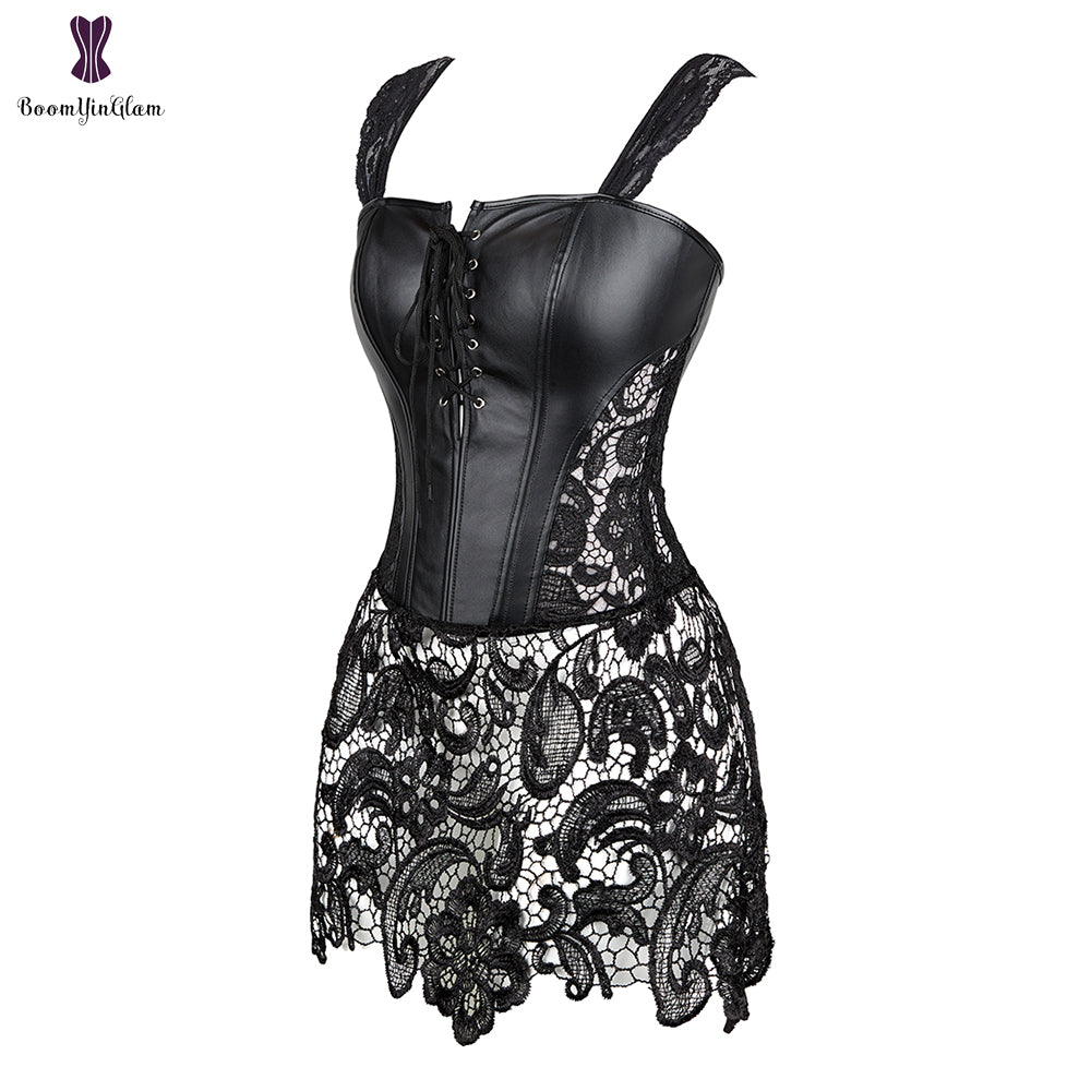 Robe Corset Bustier En Faux Cuir À Lacets, Noir Et Rouge, Grande Taille Avec String .