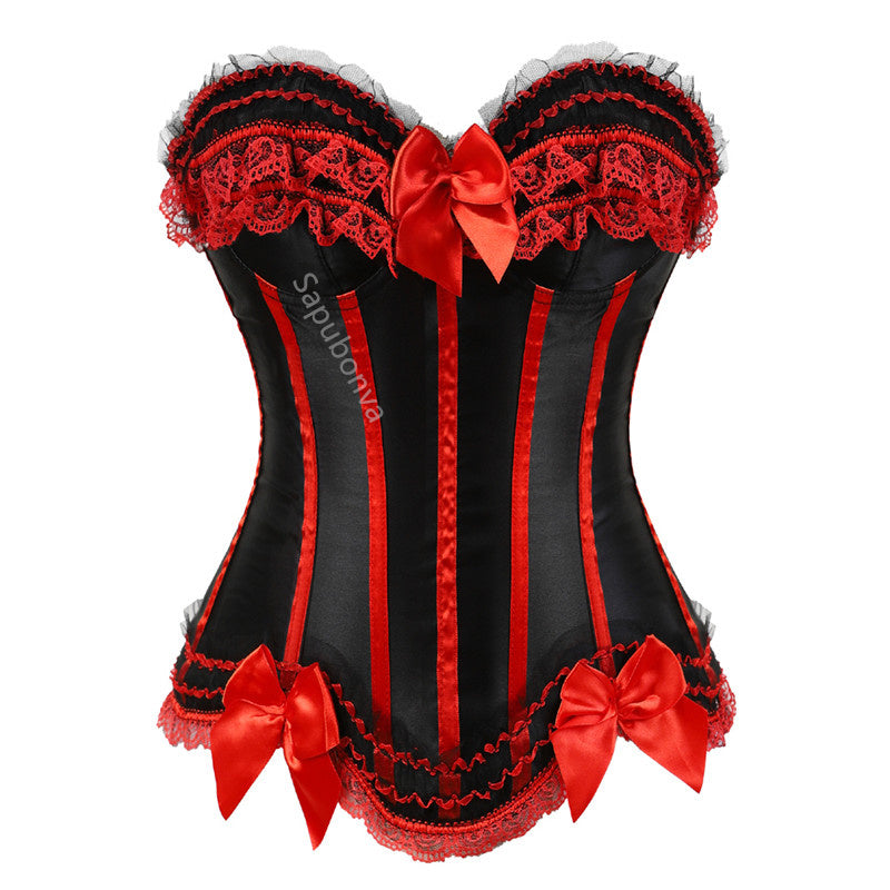 Corset bustier à lacets en satin, orné de dentelle et de nœuds, taille S/6XL