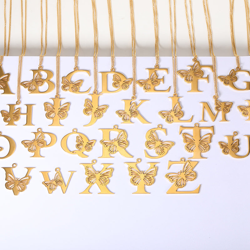 Colliers avec gros papillons pour femmes et filles, bijoux en acier inoxydable, chaîne avec pendentif Alphabet