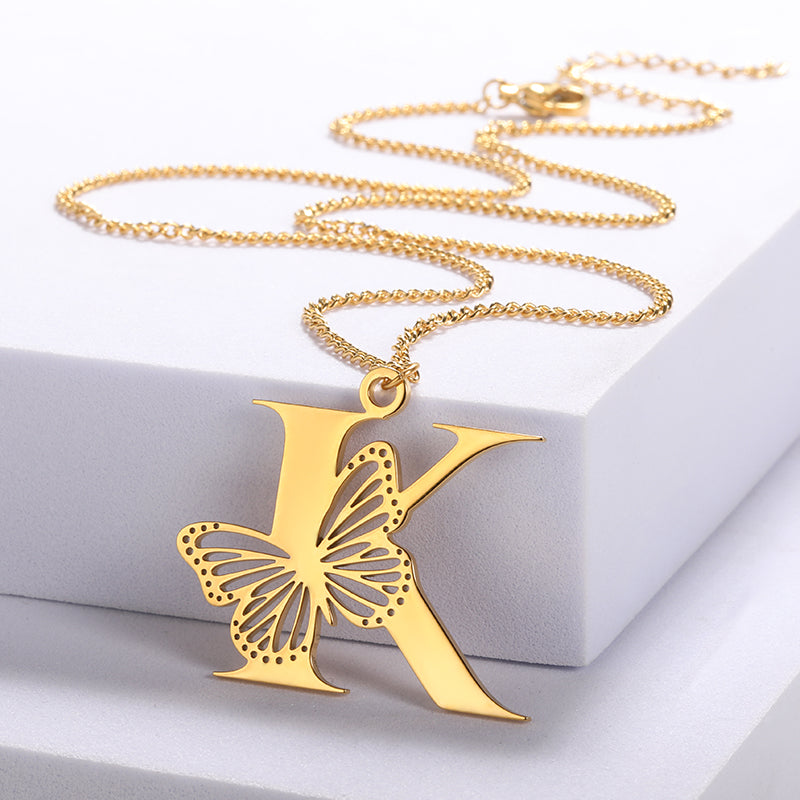Colliers avec gros papillons pour femmes et filles, bijoux en acier inoxydable, chaîne avec pendentif Alphabet